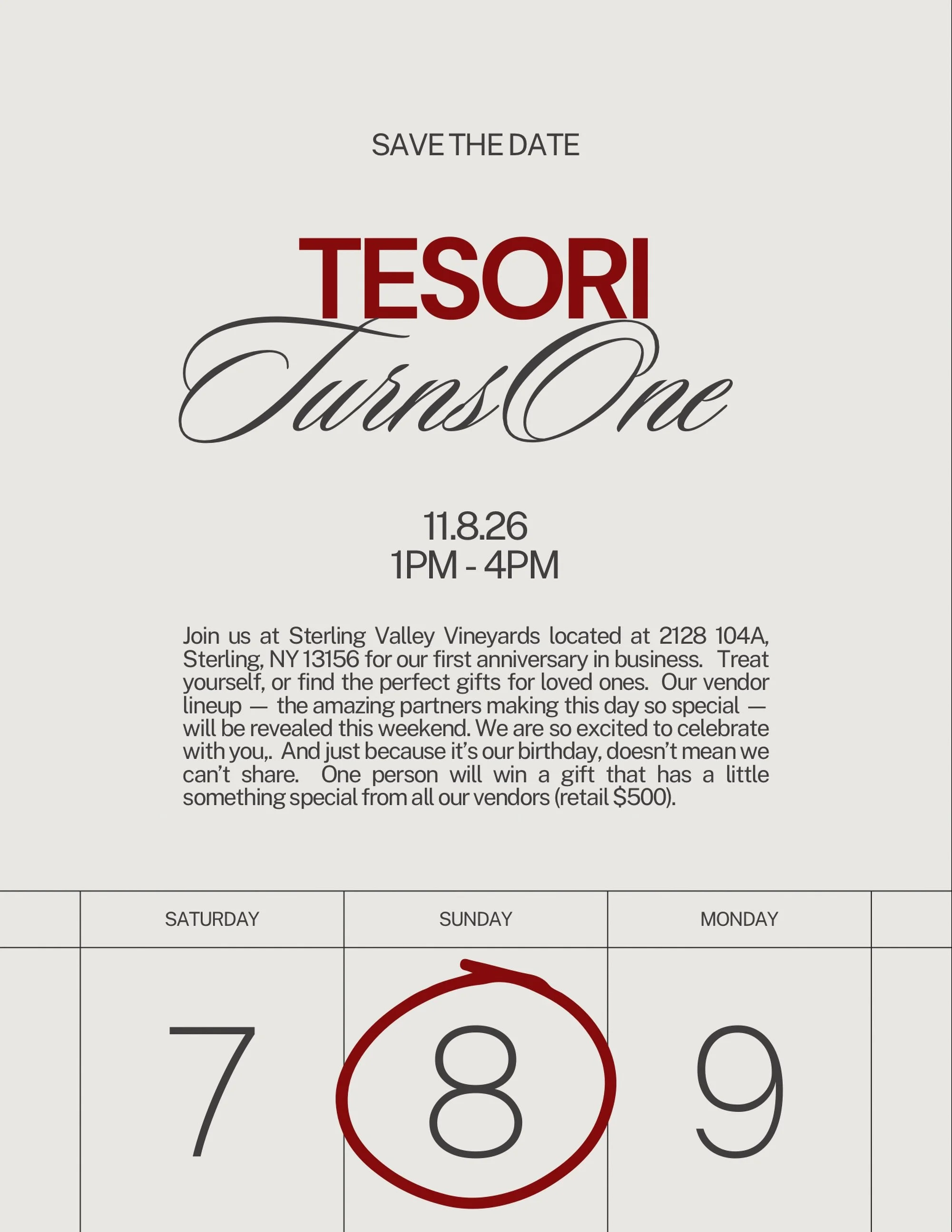 A little celebration is brewing&hellip; the kind you&rsquo;ll want to mark your calendar for.
#oneyearbusinessanniversary #SterlingValleyVineyards #OswegoCountyEvents #ShopLocalNY #Tesoricollective
