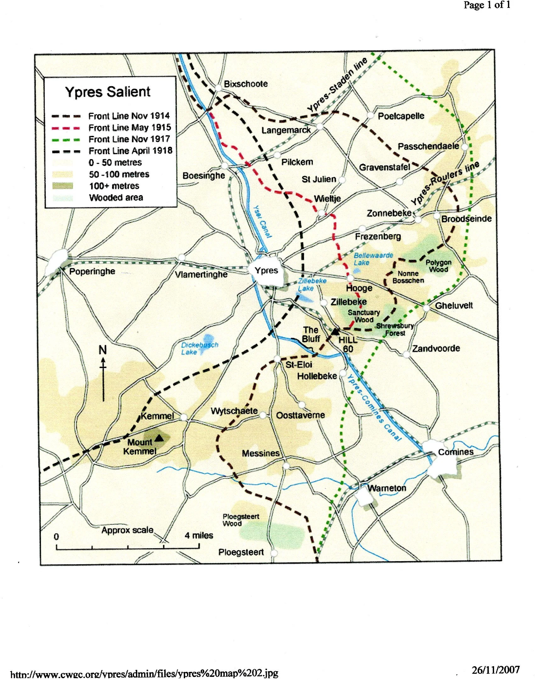 Map of Ypres Salient showing front lines from 1914 to 1918 with colored dashed lines, locations, lakes, wooded areas, and a scale of approximately 4 miles.