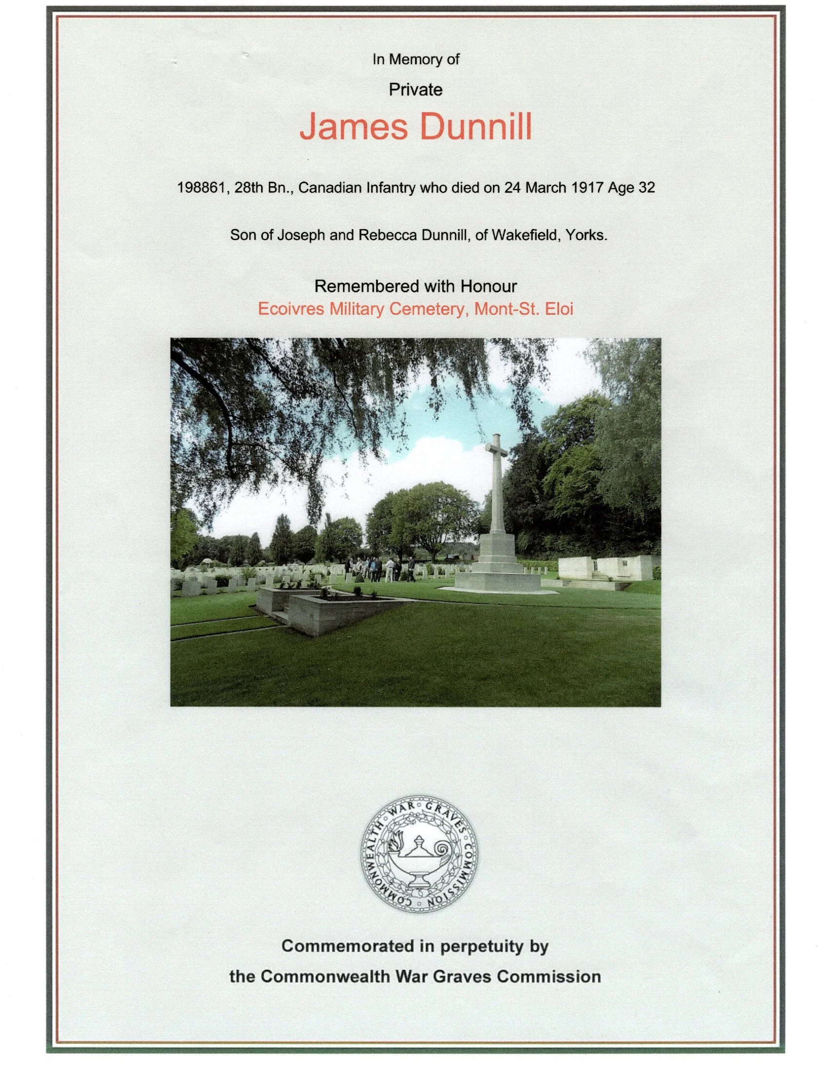 Memorial plaque for Private James Dunill, a Canadian infantryman who died in 1917, with a photo of Ecoivres Military Cemetery, Mont-St. Eloi.