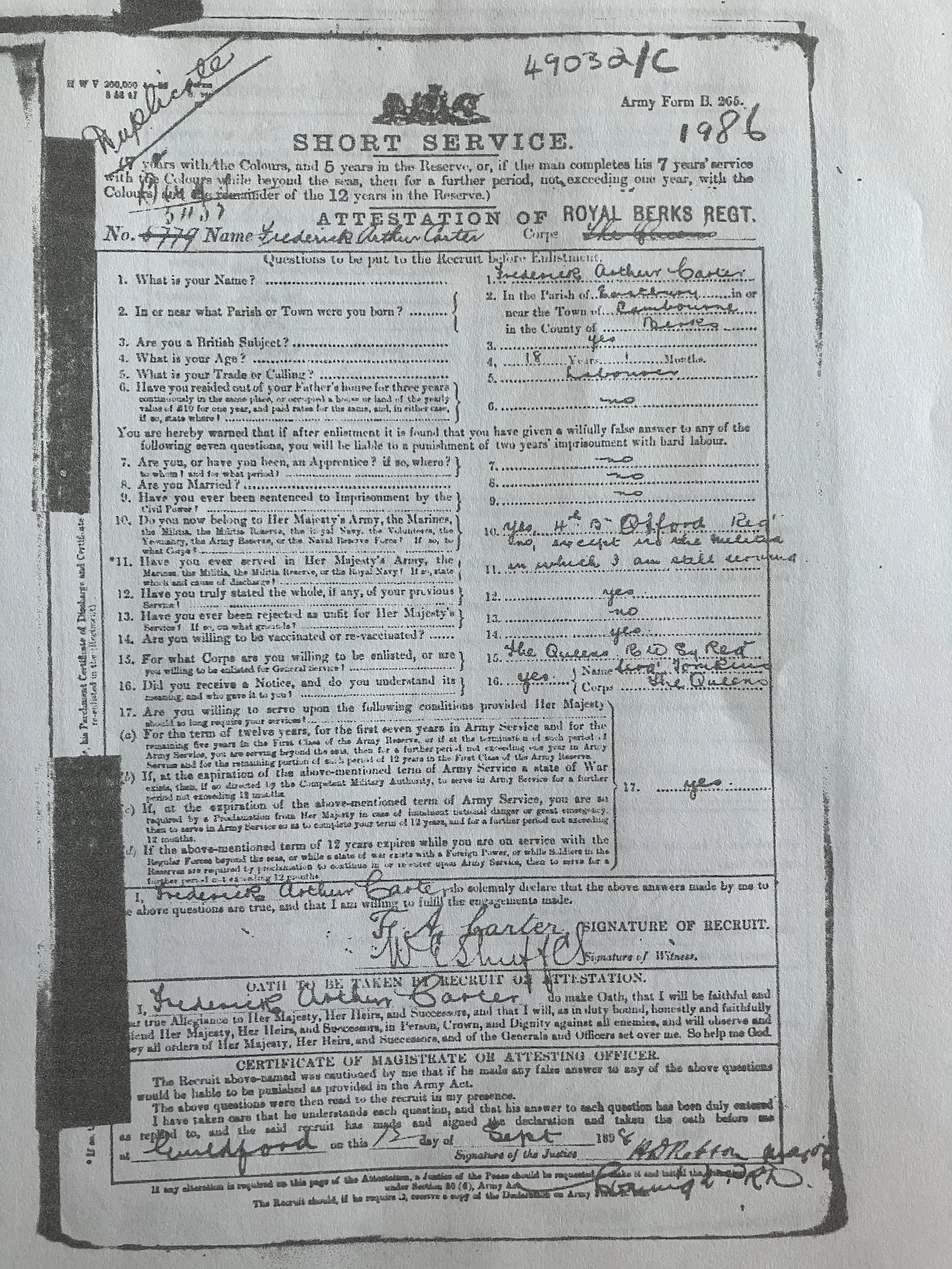 Historical military document titled 'Short Service' from 1986, attestation form for Royal Berks Regiment, with handwritten signatures and details about army service and enlistment.