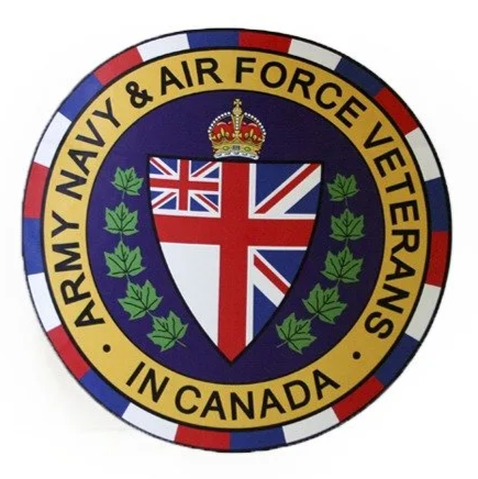 Emblem of the Canadian Army Navy & Air Force Veterans in Canada, featuring a shield with a crown and the Union Jack, surrounded by a gold and multicolored border.