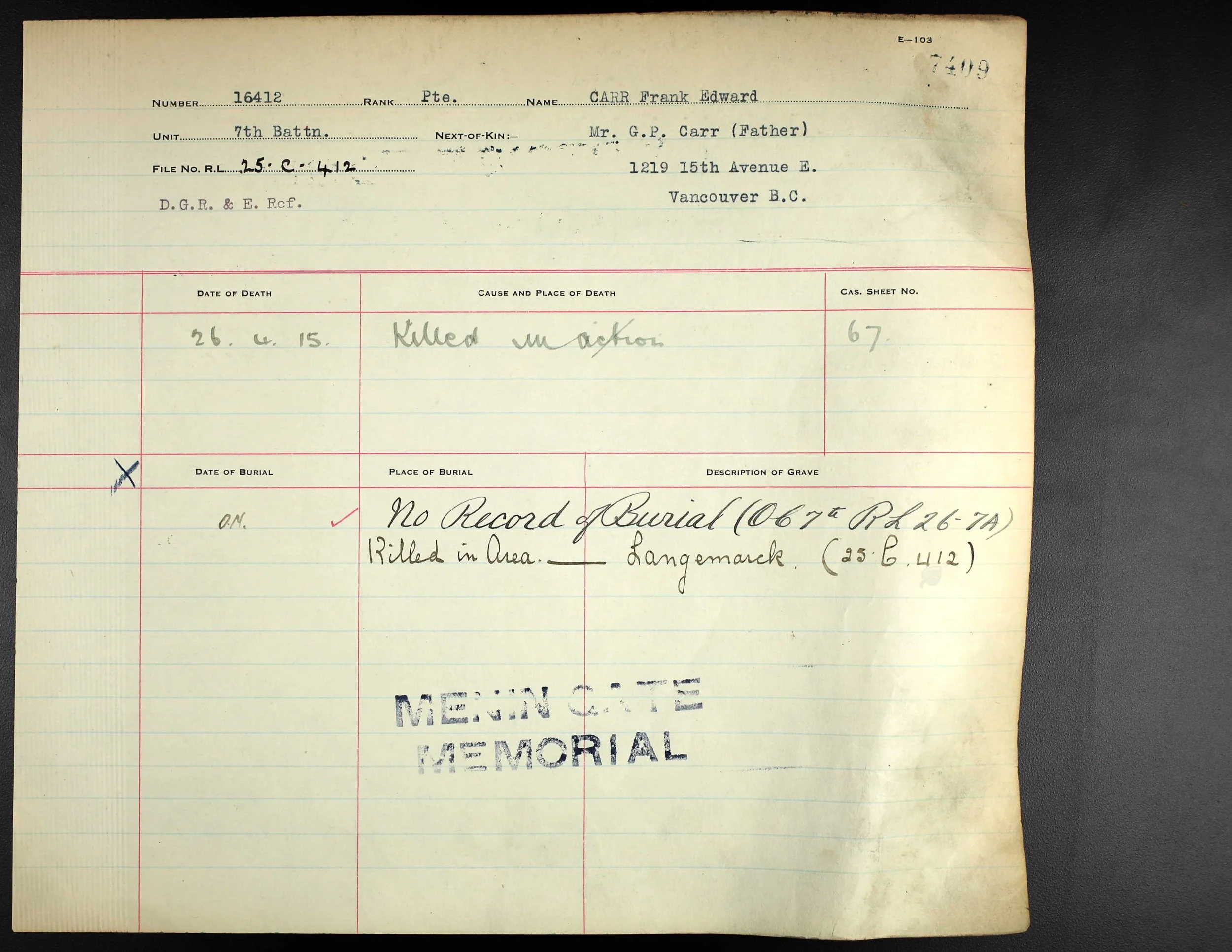 Vintage military record card with handwritten notes, stamps, and typed text, detailing the death of Frank Edward Carr, who was killed in action on June 26, 1915, with no record of burial.