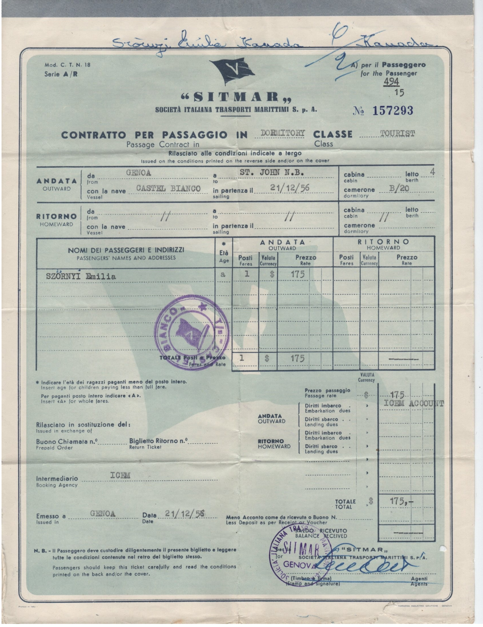 AnItalian passenger ticket from Genoa to St. John N.B., issued on December 21, 1956, for Emilia Szórnyi.