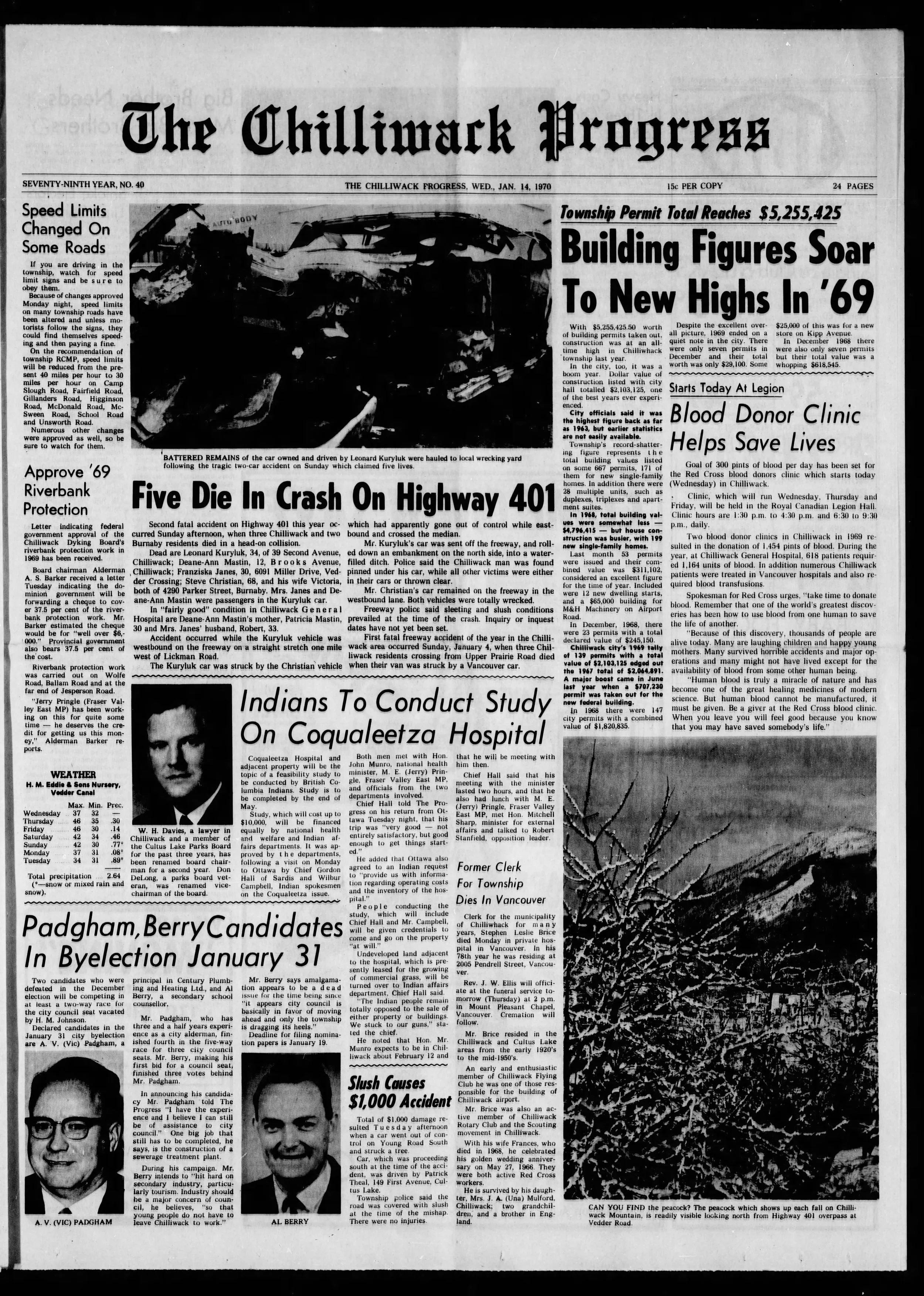 Front page of The Chilliwack Progress newspaper, dated Wednesday, January 14, 1970, featuring headlines about a highway crash, blood donor clinic, and study on Coqualeetza Hospital, with articles on car accident, blood donation, and local community e