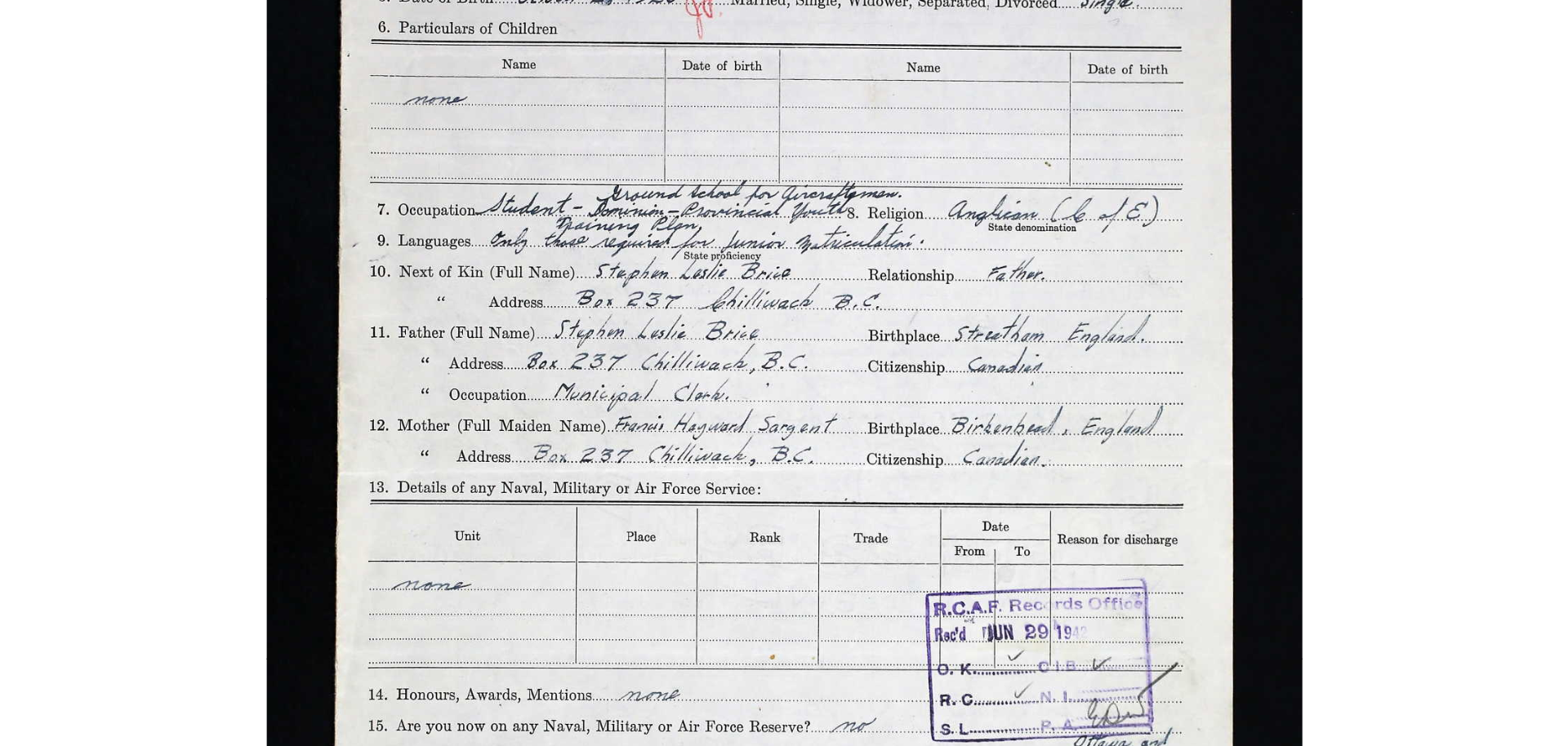A handwritten historical document, possibly a military or government record, with details about an individual, including names, addresses, and dates, and stamped official markings.