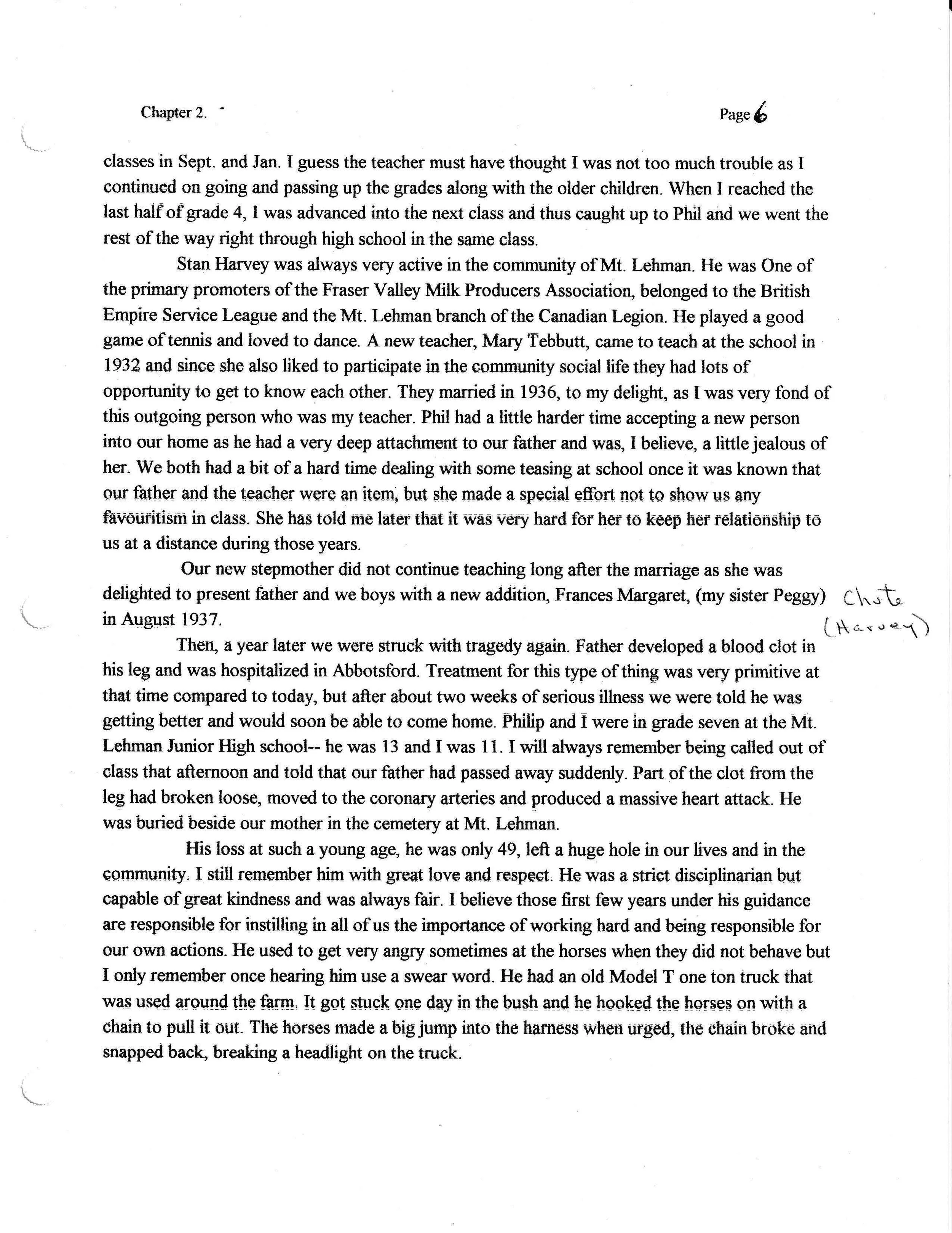 A scanned handwritten and typed page of a personal story about family memories, including mentions of a teacher, a father, and a brother, with handwritten annotations.