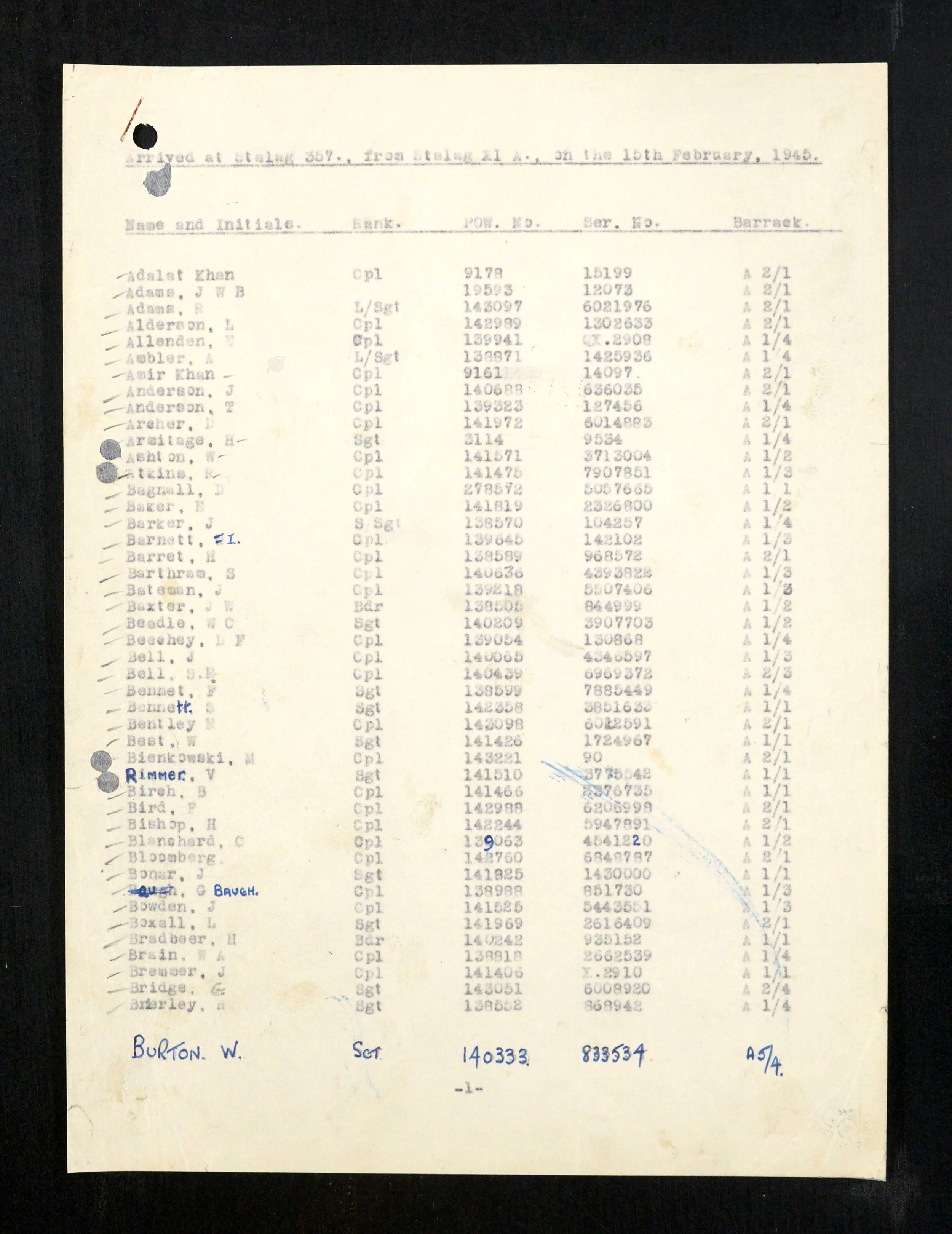 Historical typewritten military document listing soldiers' names, ranks, serial numbers, and other details, with handwritten annotations in blue ink.