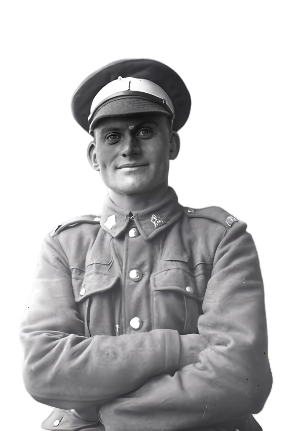 Black and white photo of a man in a military uniform with crossed arms, wearing a cap with a brim and a jacket with buttons and insignia.