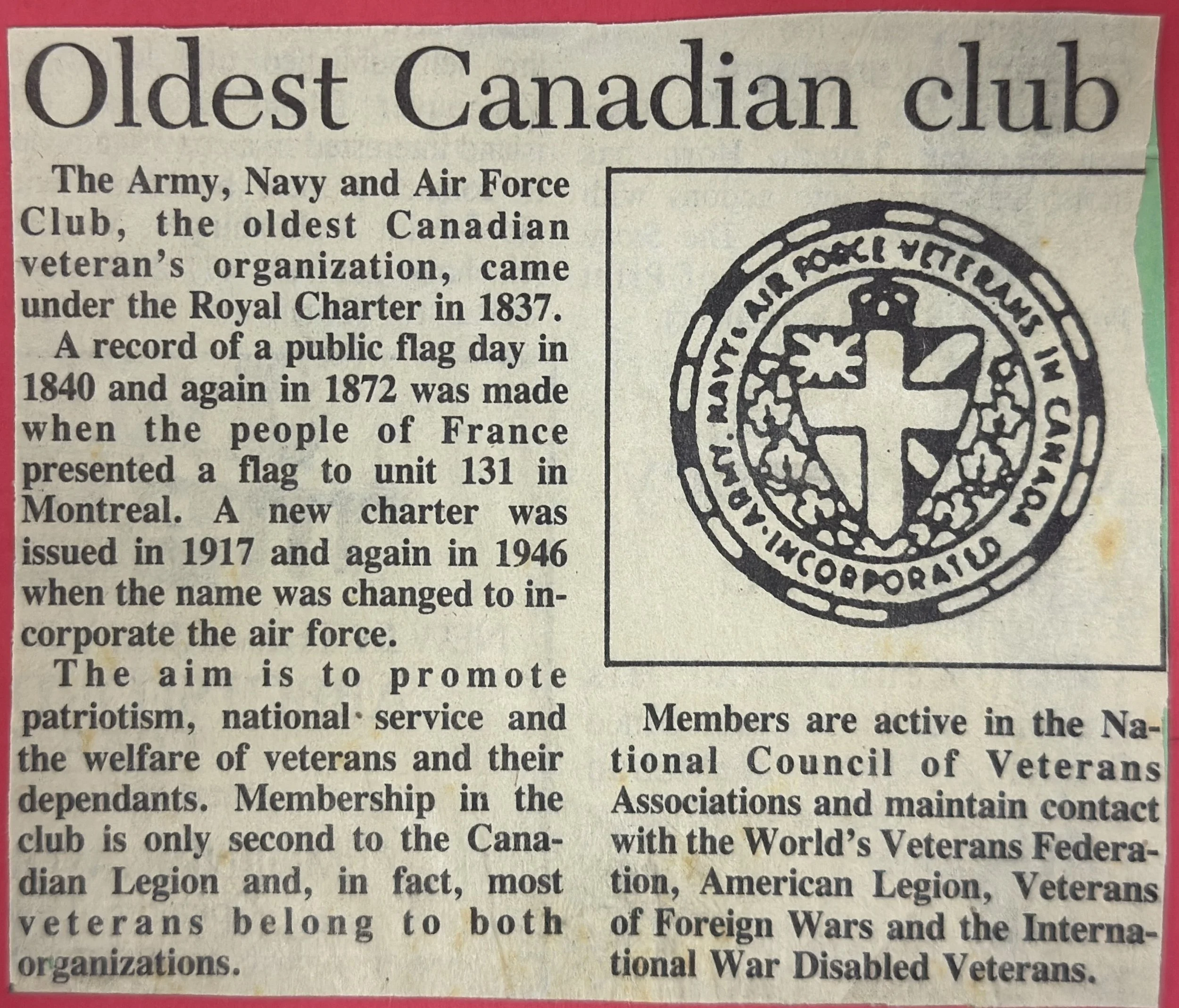 An old newspaper clipping about the oldest Canadian Veterans' organization, featuring the organization's emblem with a cross, a maple leaf, and a key, surrounded by text.