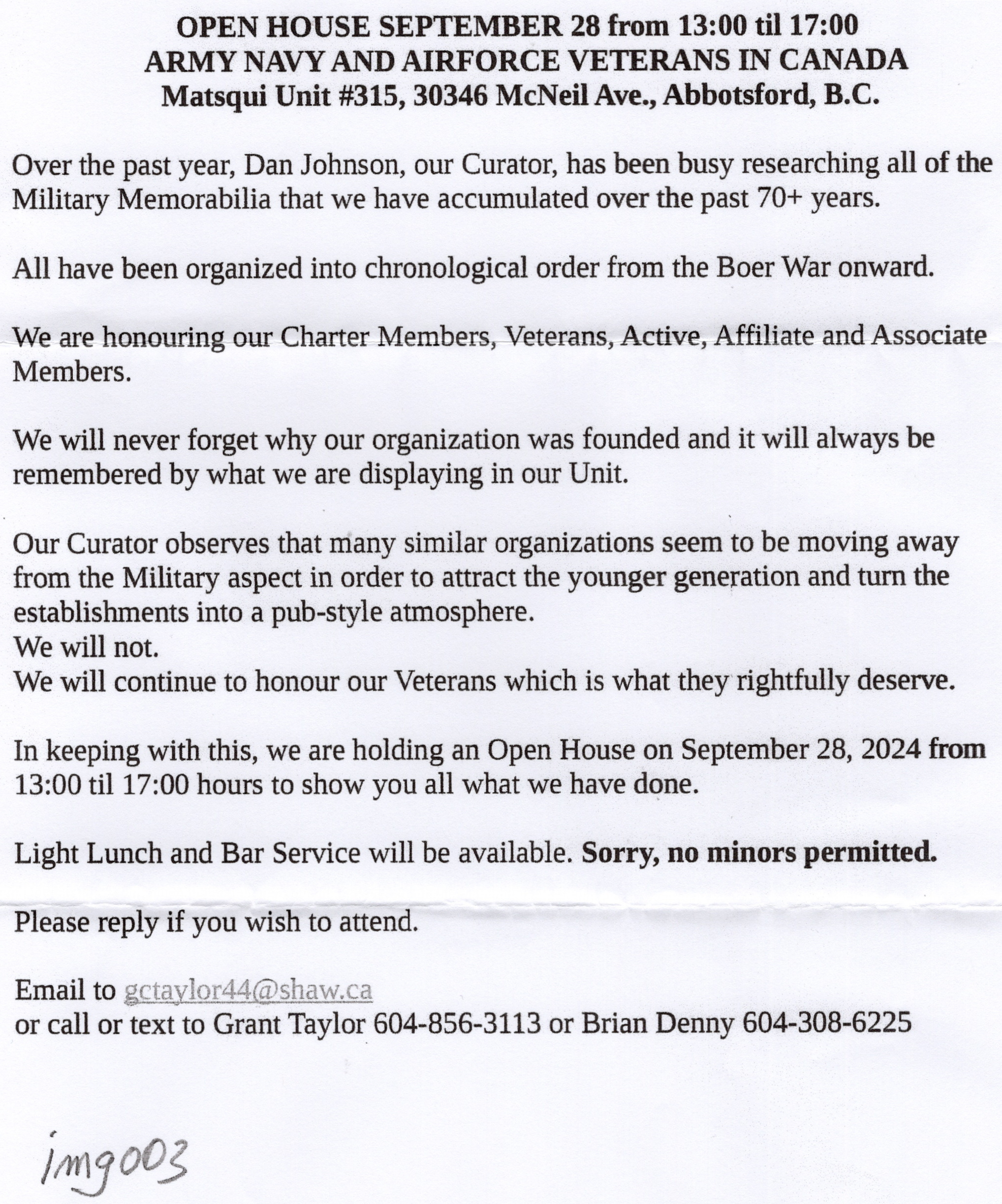 Invitation flyer for an open house event on September 28 from 1:00 PM to 5:00 PM at Matsqui Unit #315, 30346 McNeil Ave., Abbotsford, BC. The flyer discusses honoring military veterans, organizing memorabilia, and celebrating organization history, wi