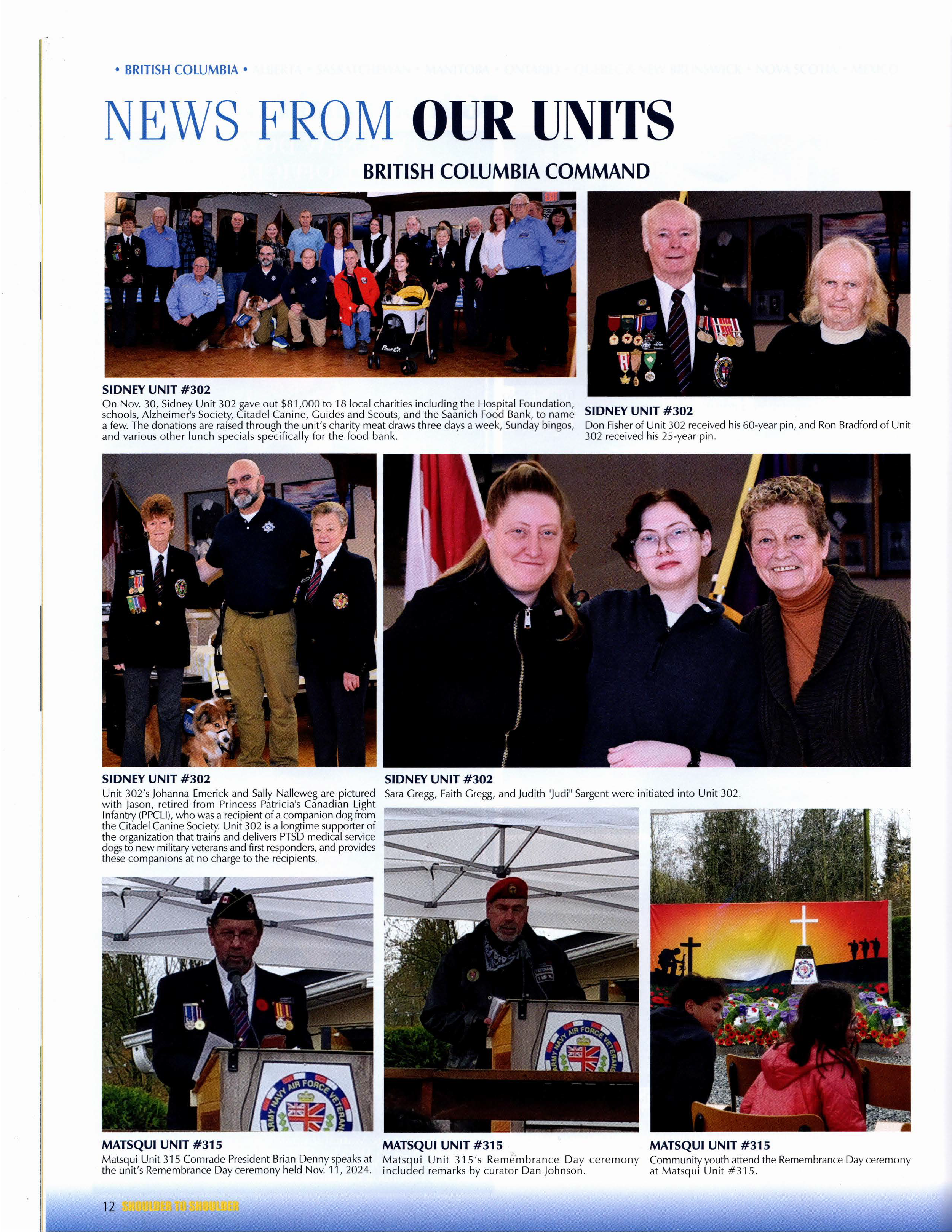 Group photos of members from British Columbia military units, including veterans and community members, during a Remembrance Day event, with some individuals in uniform and a memorial display in the background.