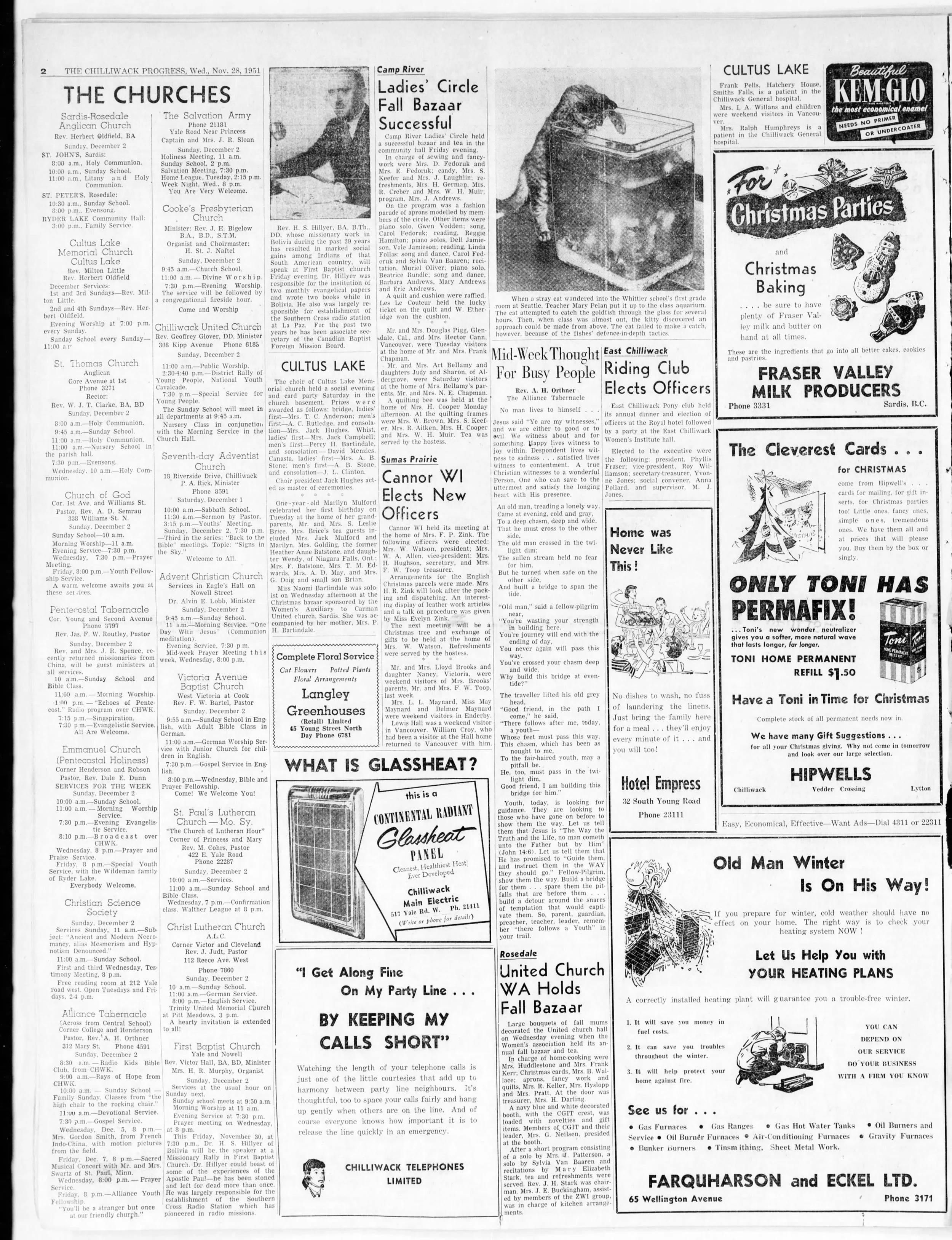 A newspaper page from The Chilliwack Progress dated Wednesday, November 28, 1951. It contains various articles, announcements, and advertisements including church schedules, a Ladies' Circle Fall Bazaar, Christmas baking tips, and advertisements for 