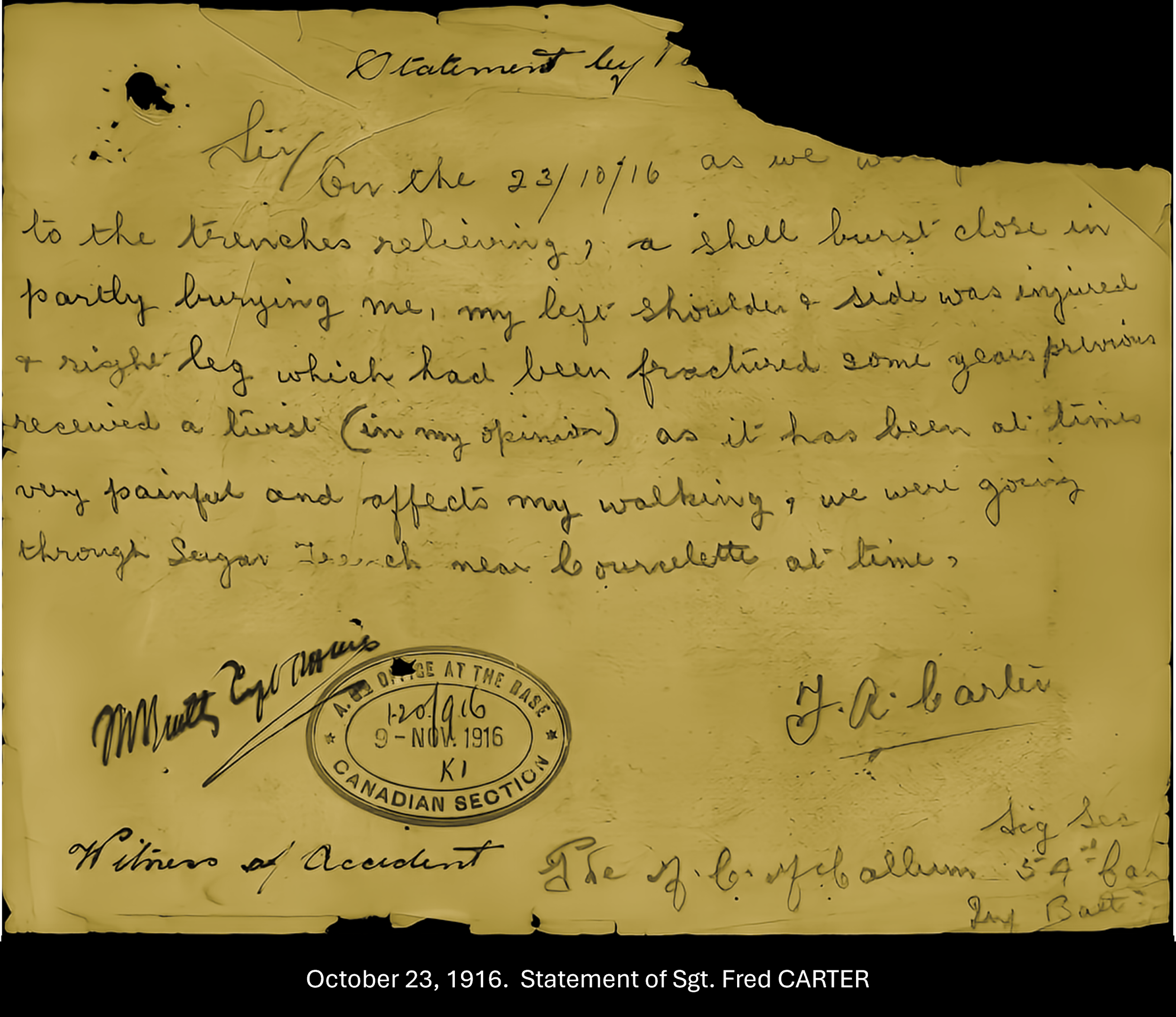A handwritten statement dated October 23, 1916, describing injuries received in battle, signed by Sgt. Fred Carter, with a Canadian military stamp and additional handwritten notes.