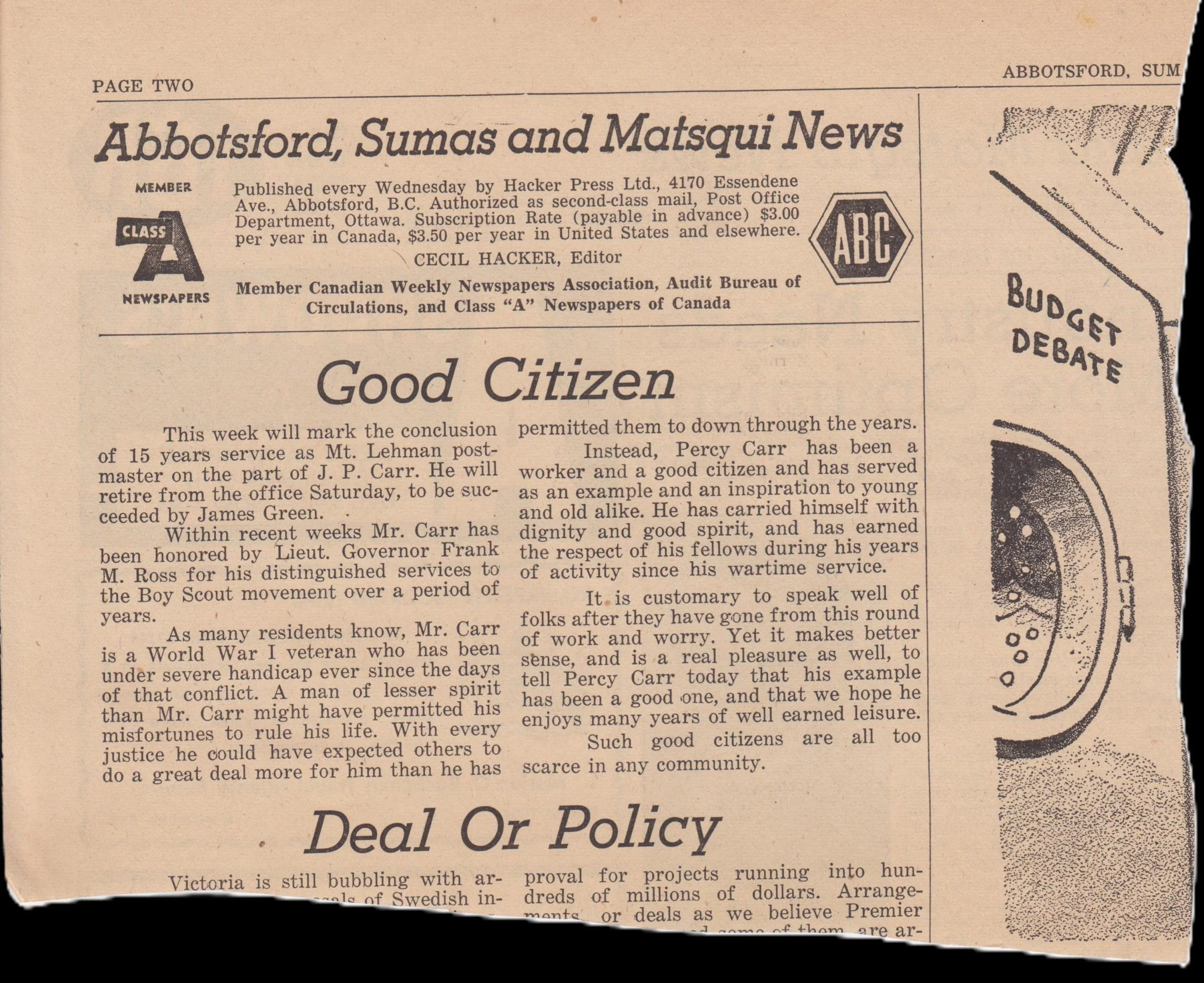 A vintage newspaper page titled "Abbotsford, Sumas and Matsqui News" with an article titled "Good Citizen" and a section titled "Deal Or Policy". The page features a partial illustration of a coin with the words "BUDGET DEBATE" on the right side, and