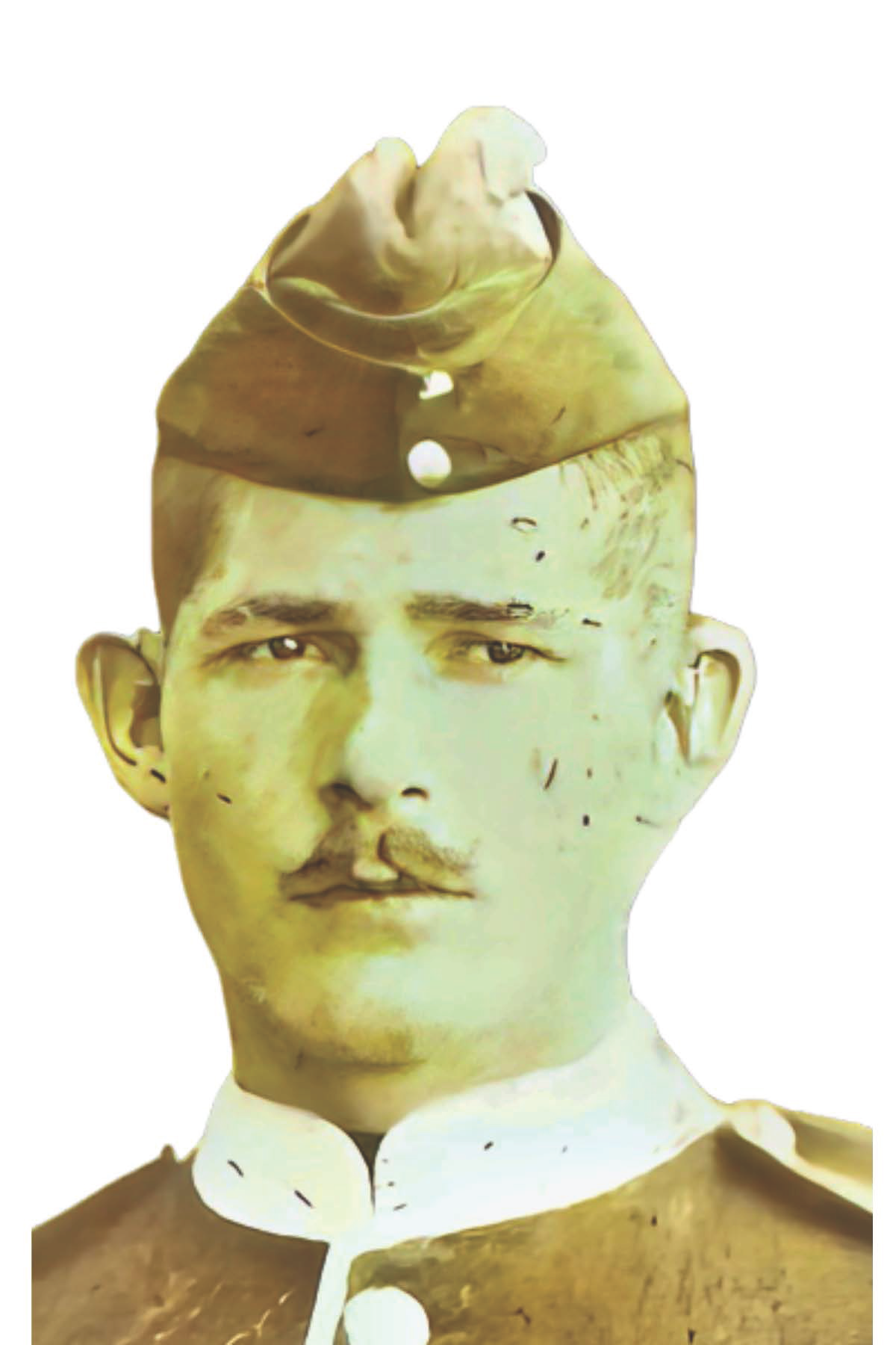 A vintage black and white photograph of a man with a mustache wearing a military uniform, with a ship's helm or superstructure on his head.