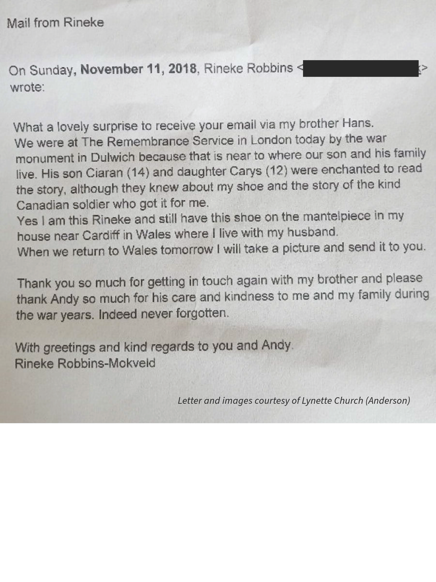 A printed letter with blacked out sections, titled 'Mail from Rineke', dated November 11, 2018, expressing gratitude and sharing memories of visiting a war memorial in London and keeping a shoe from a Canadian soldier, with a note attributing the let