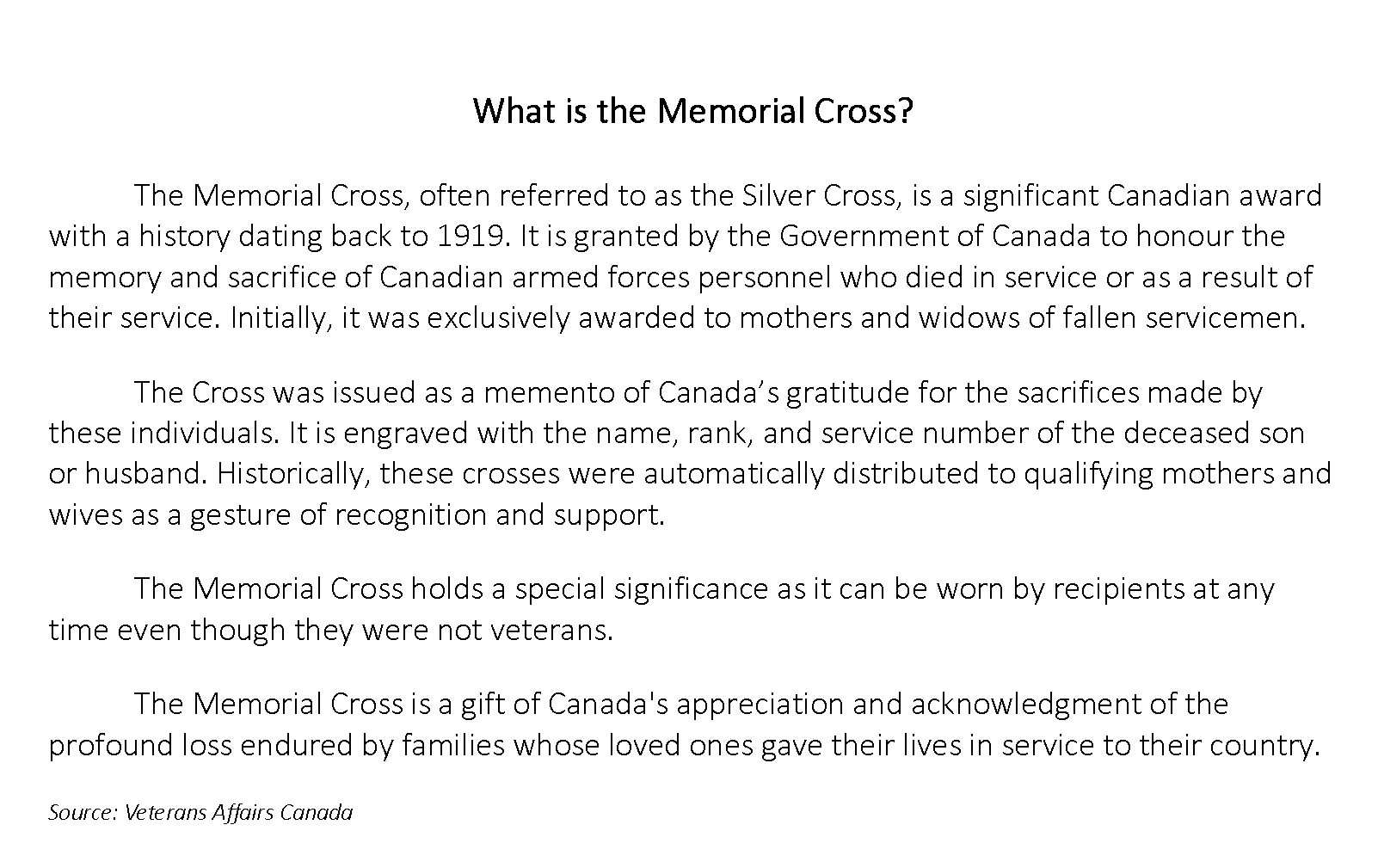 Information about the significance and history of the Memorial Cross, also known as the Silver Cross, awarded by the Canadian government to honor fallen armed forces personnel, with details about its engraving and symbolic importance.