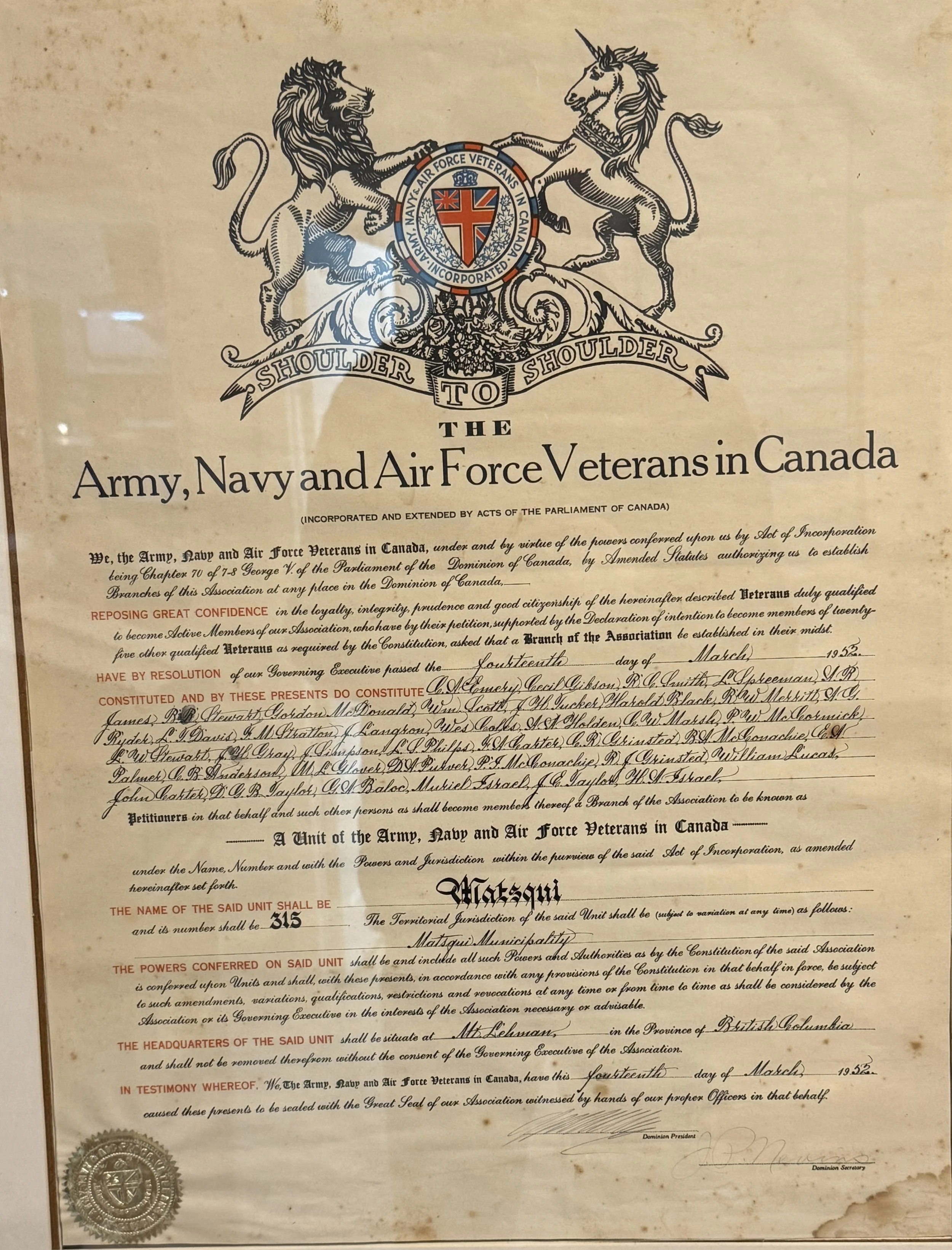 Official document from the Army, Navy, and Air Force Veterans in Canada, featuring their crest with a lion and unicorn, and handwritten signatures, dated March 1952.