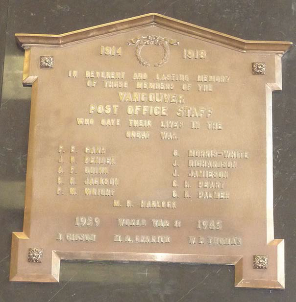Frank Carr memorial plaque

The bronze plaque honouring the Vancouver postal workers who died in WWI and WWII. It is in the Post Office museum in Richmond.