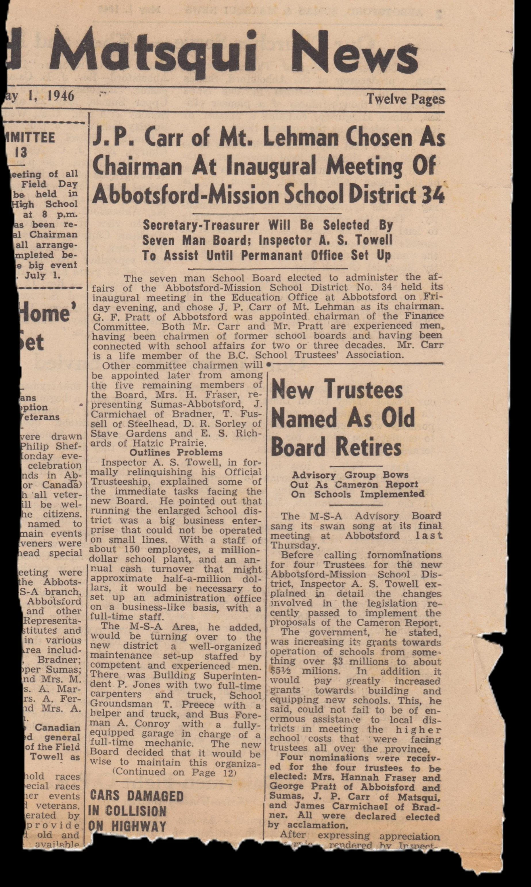 Newspaper page from May 1, 1946, titled "Mt. Masquii News," featuring articles about local school district elections and appointments, including a headline about J. P. Carr being chosen as chairman, and a section on new trustees and board retirements