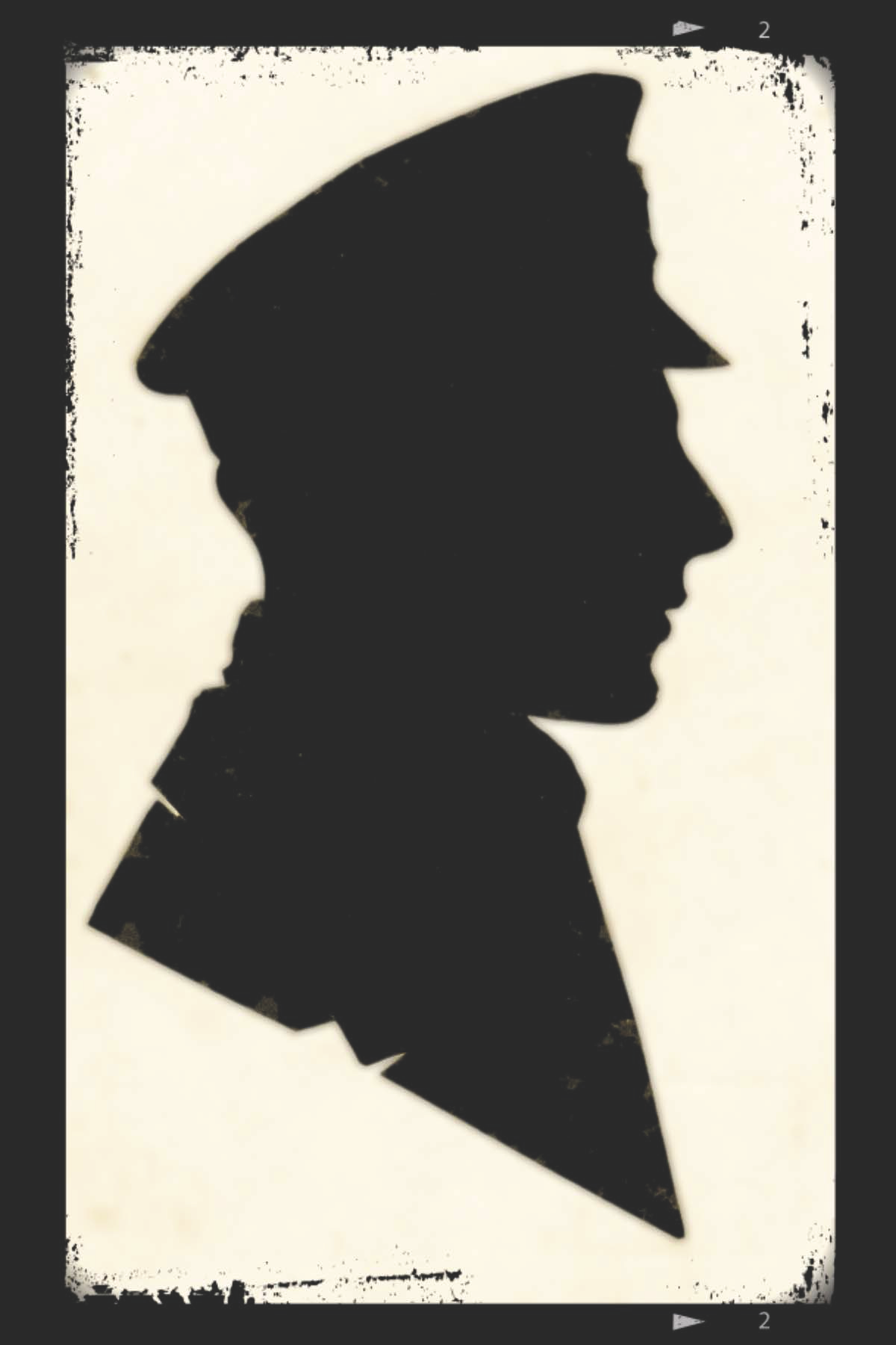 Silhouette of a man in a military uniform and peaked cap, facing right.