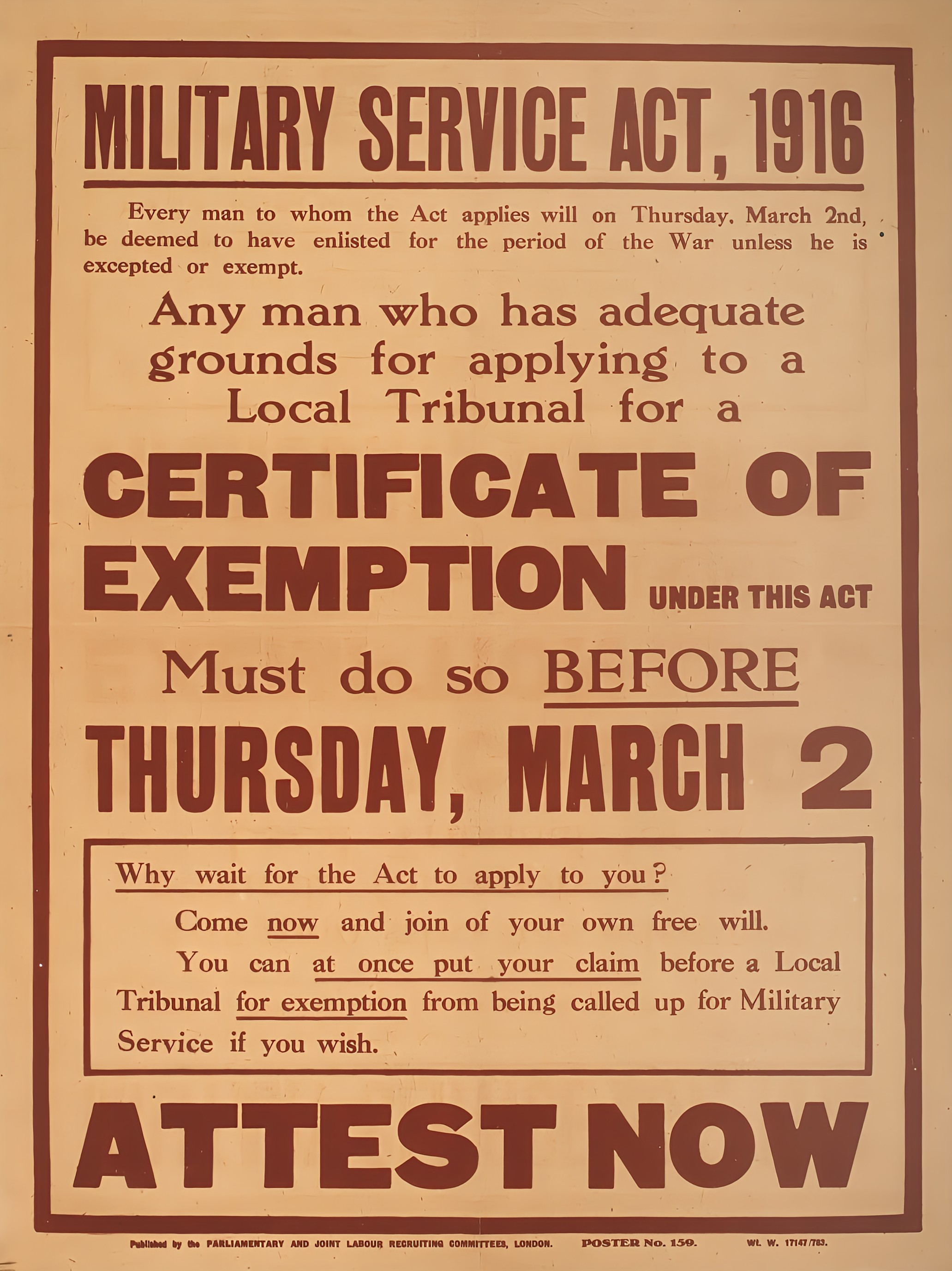 A historical poster about the Military Service Act of 1916, informing men about exemption certificates and urging them to apply before a certain date.