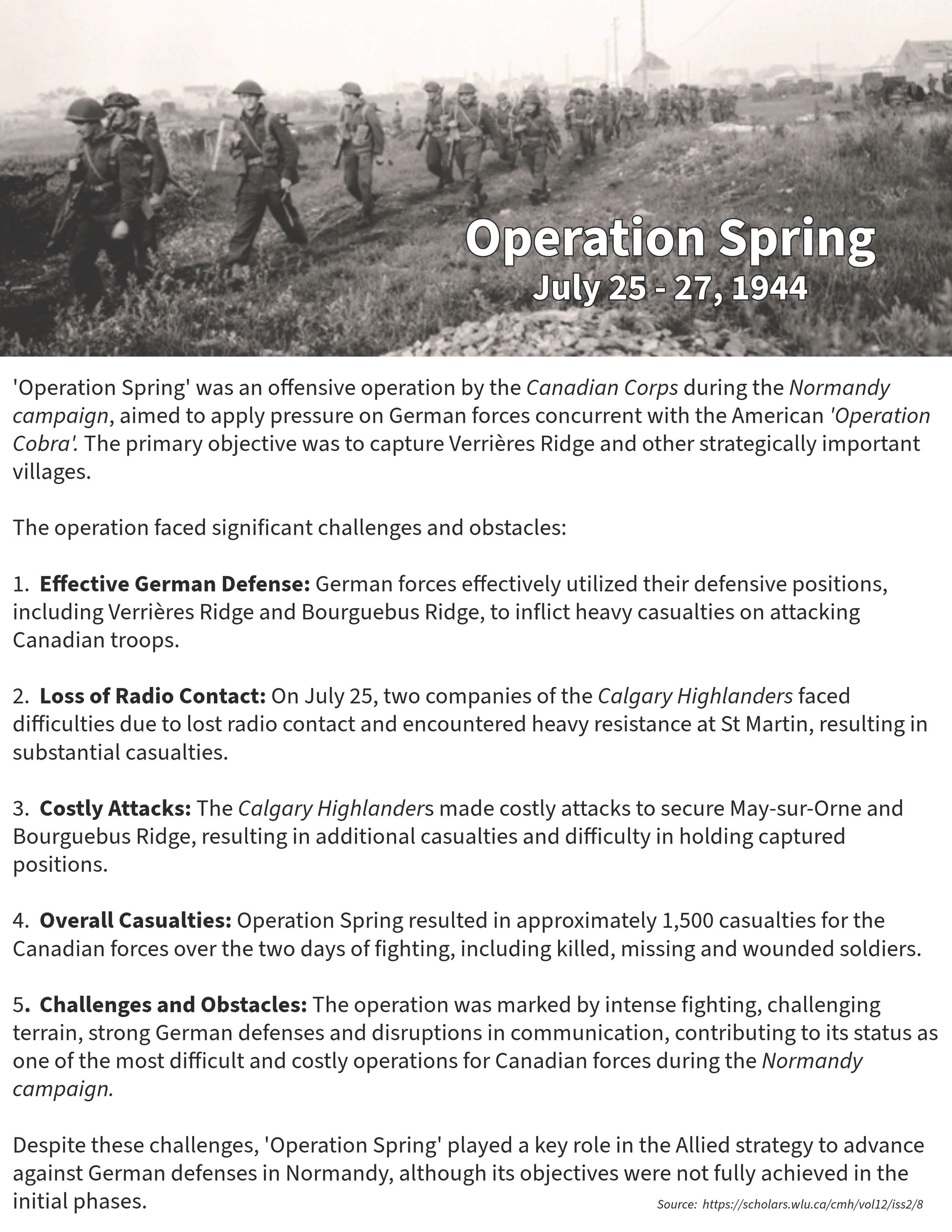 Black and white photo of soldiers walking in a line across uneven terrain with buildings and farm structures in the background. Overlaid text reads 'Operation Spring, July 25-27, 1944'.
