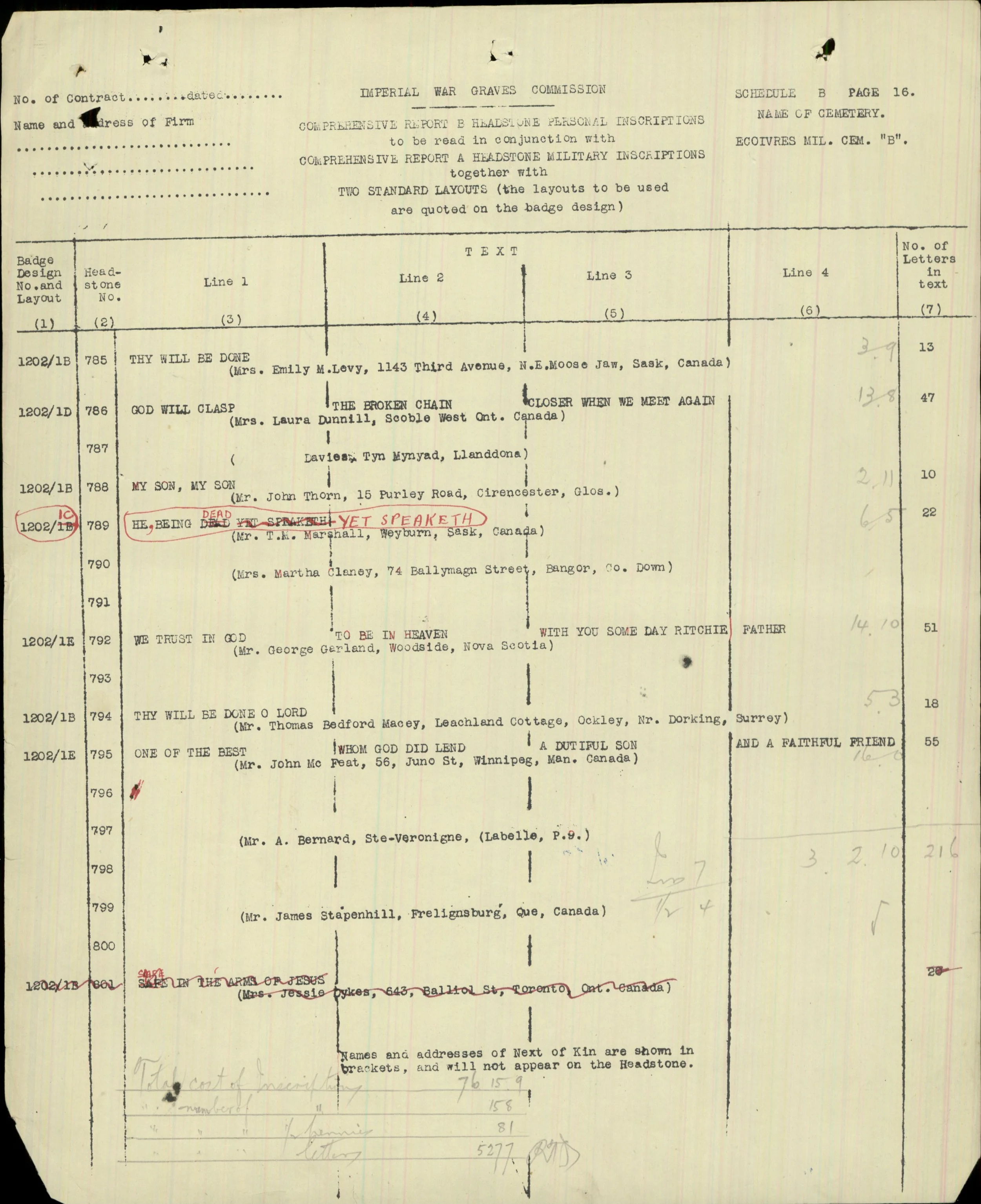 A historical document titled 'Imperial War Graves Commission Schedule B Page 16' listing names, addresses, and inscriptions for war graves, with handwritten notes, corrections, and markings in red and pencil.