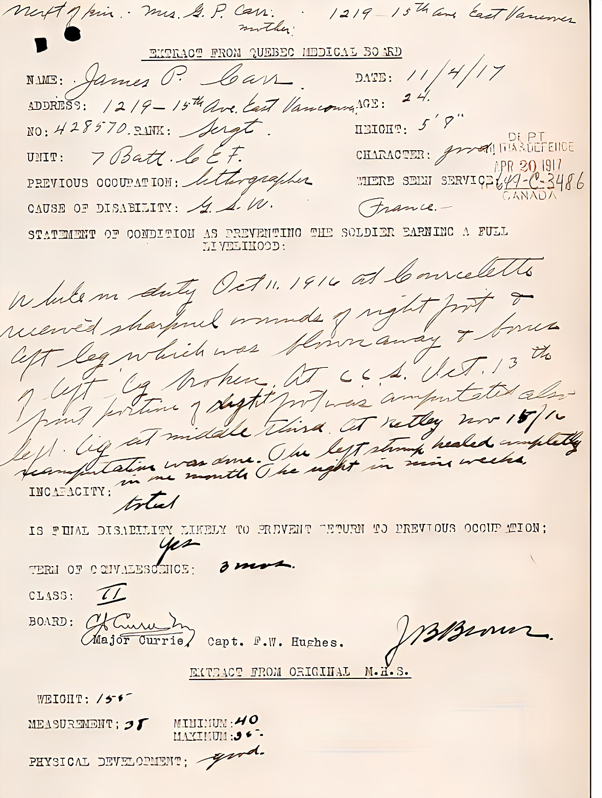 Military medical report for James P. Carr, aged 24, who served as a Sergeant in the 7th Battery, Coast Artillery Corps, during World War I. The report documents an injury he received on October 11, 1916, from shrapnel wound affecting his right leg an