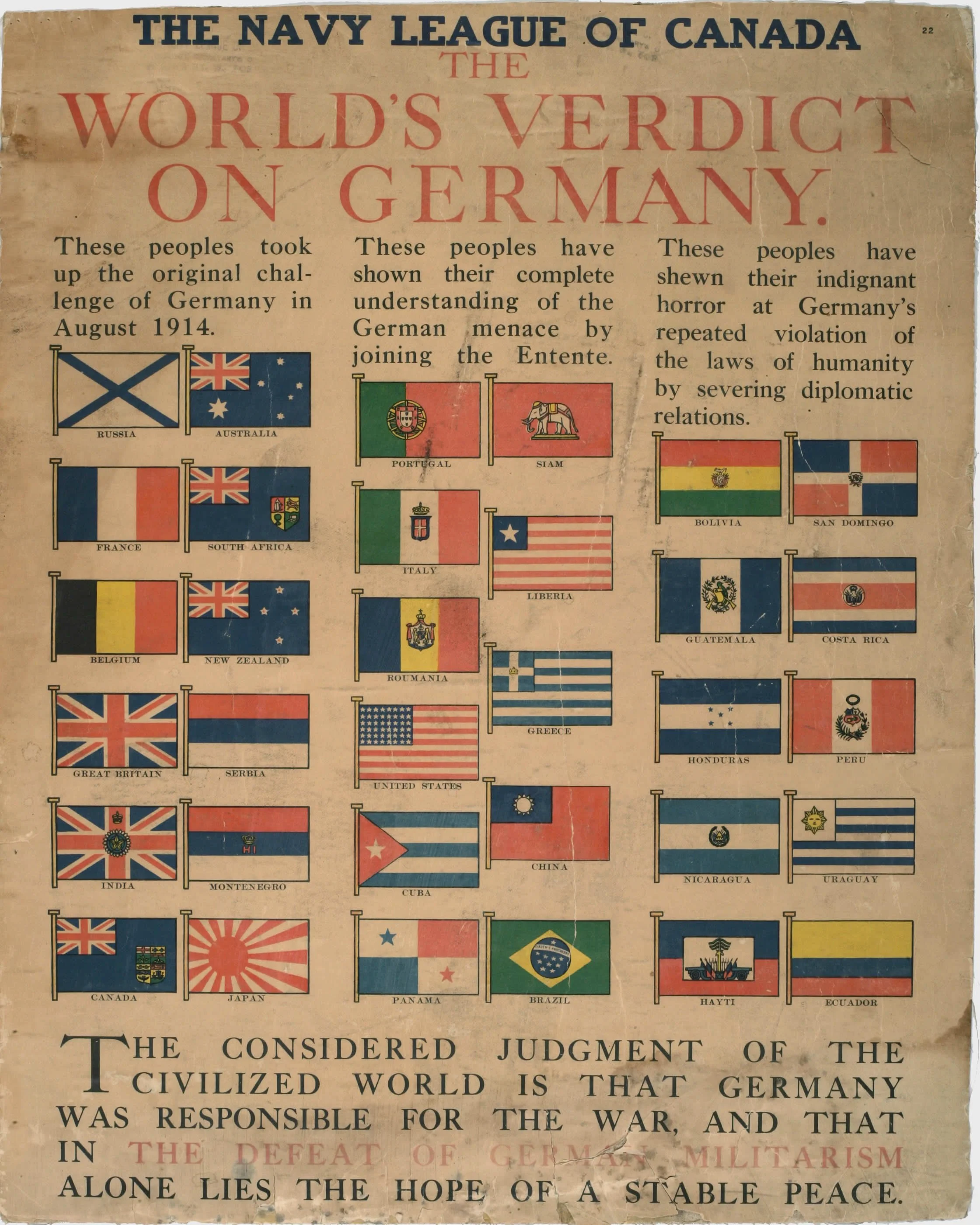 A vintage poster titled 'The World's Verdict on Germany,' displaying flags of multiple countries that took part in 1914 against Germany, grouped in three columns. The poster criticizes Germany for starting World War I and shows flags from Russia, Aus
