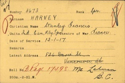 Military service record card for Harvey, stationed at the Theatre of War on January 13, 1917.