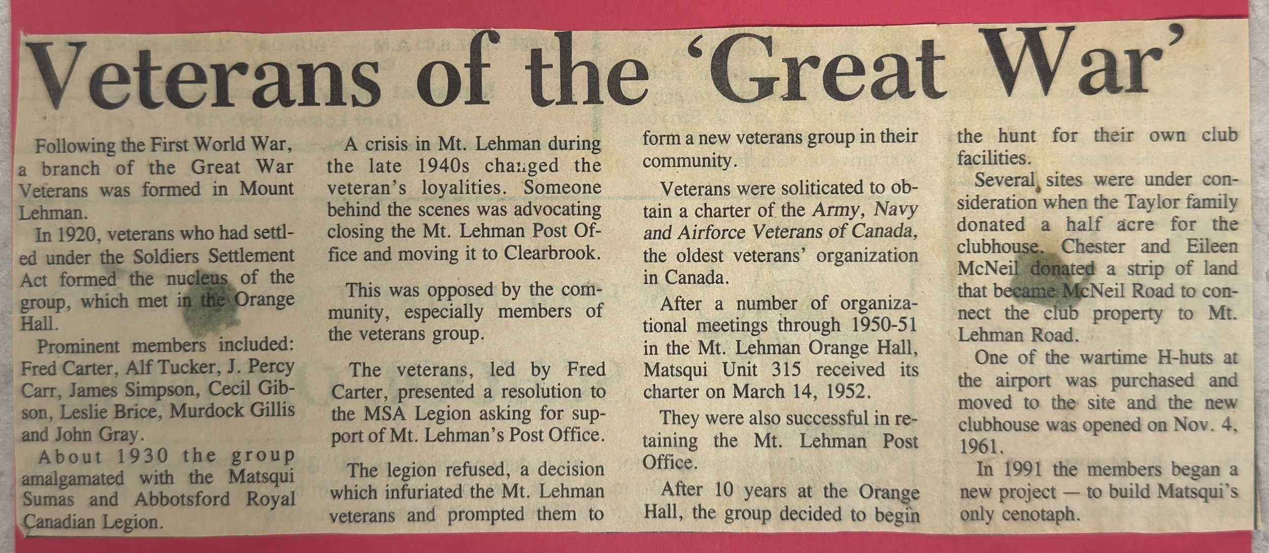Newspaper article titled "Veterans of the Great War" about the history of a veterans' group formed in Mount Lehman, including details on their meetings, prominent members, and land donations.