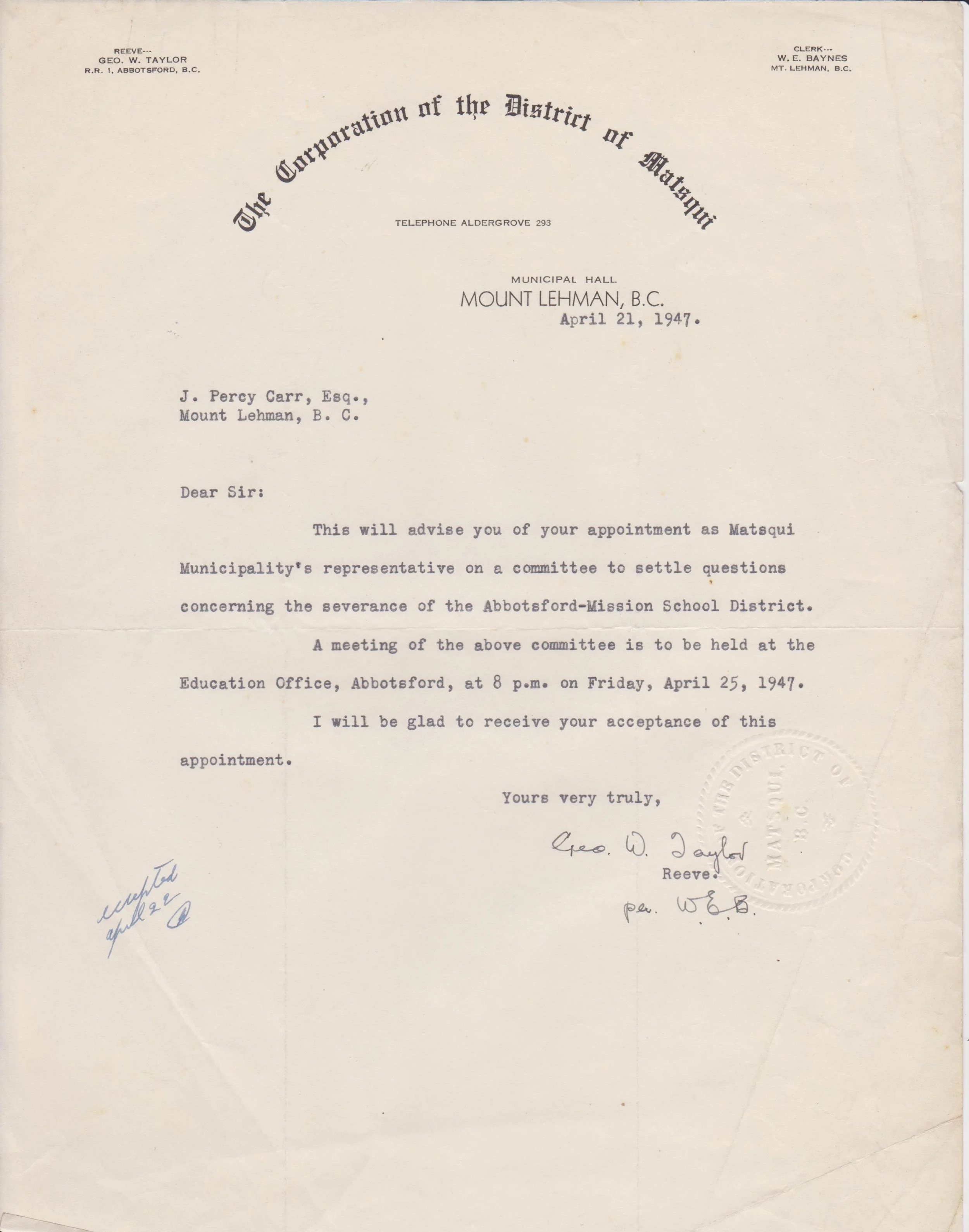 A historical letter from the Corporation of the District of Mount Mariana dated April 21, 1947, Committee meeting about the separation of the Abbotford-Mission School District, addressed to J. Percy Carr.