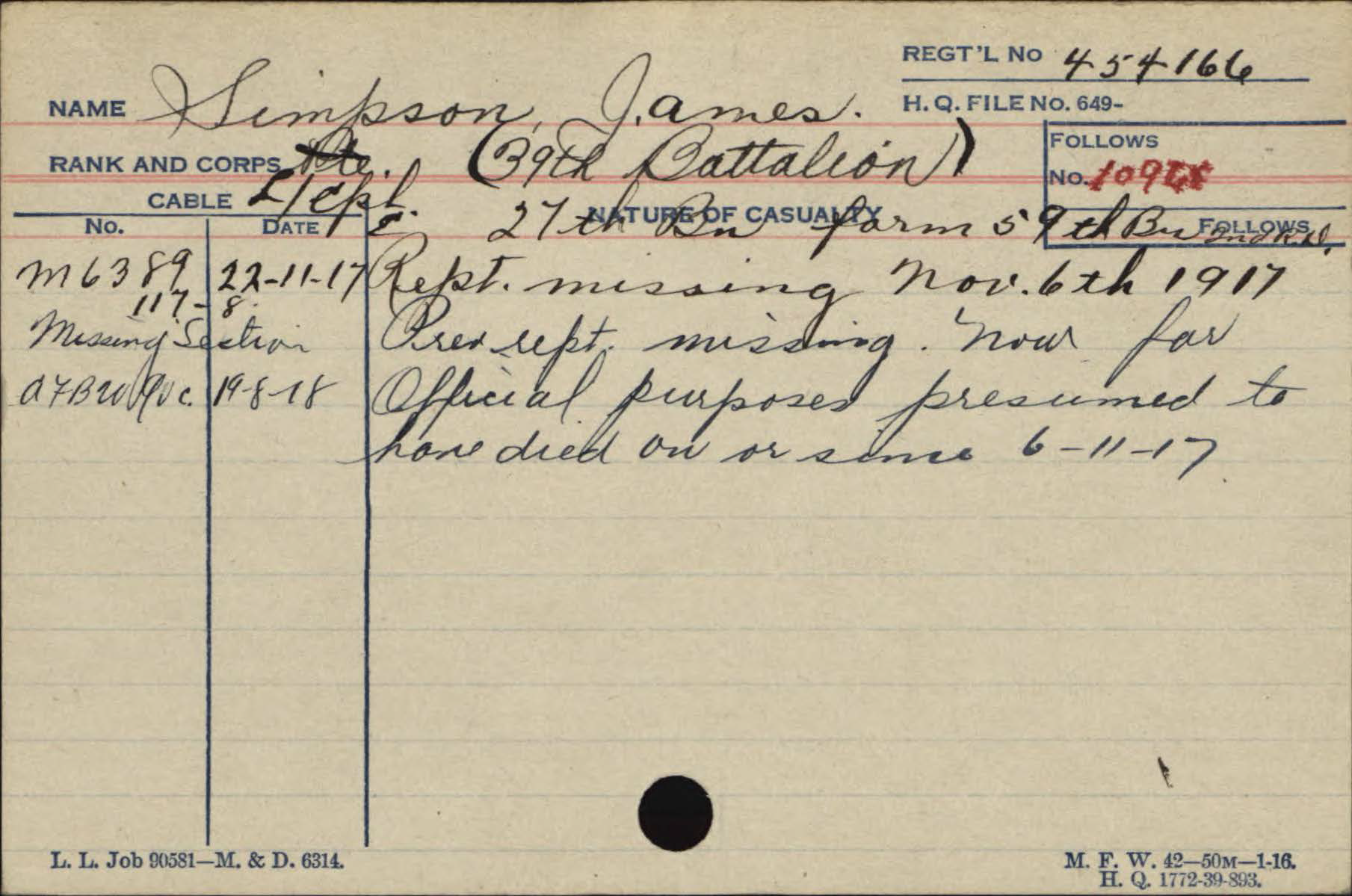 A handwritten military record card with details about James Simpson, who served in the 39th Battalion, 27th. The card notes he was reported missing on November 6, 1917, with subsequent notes about his official presumed death on June 11, 1917.