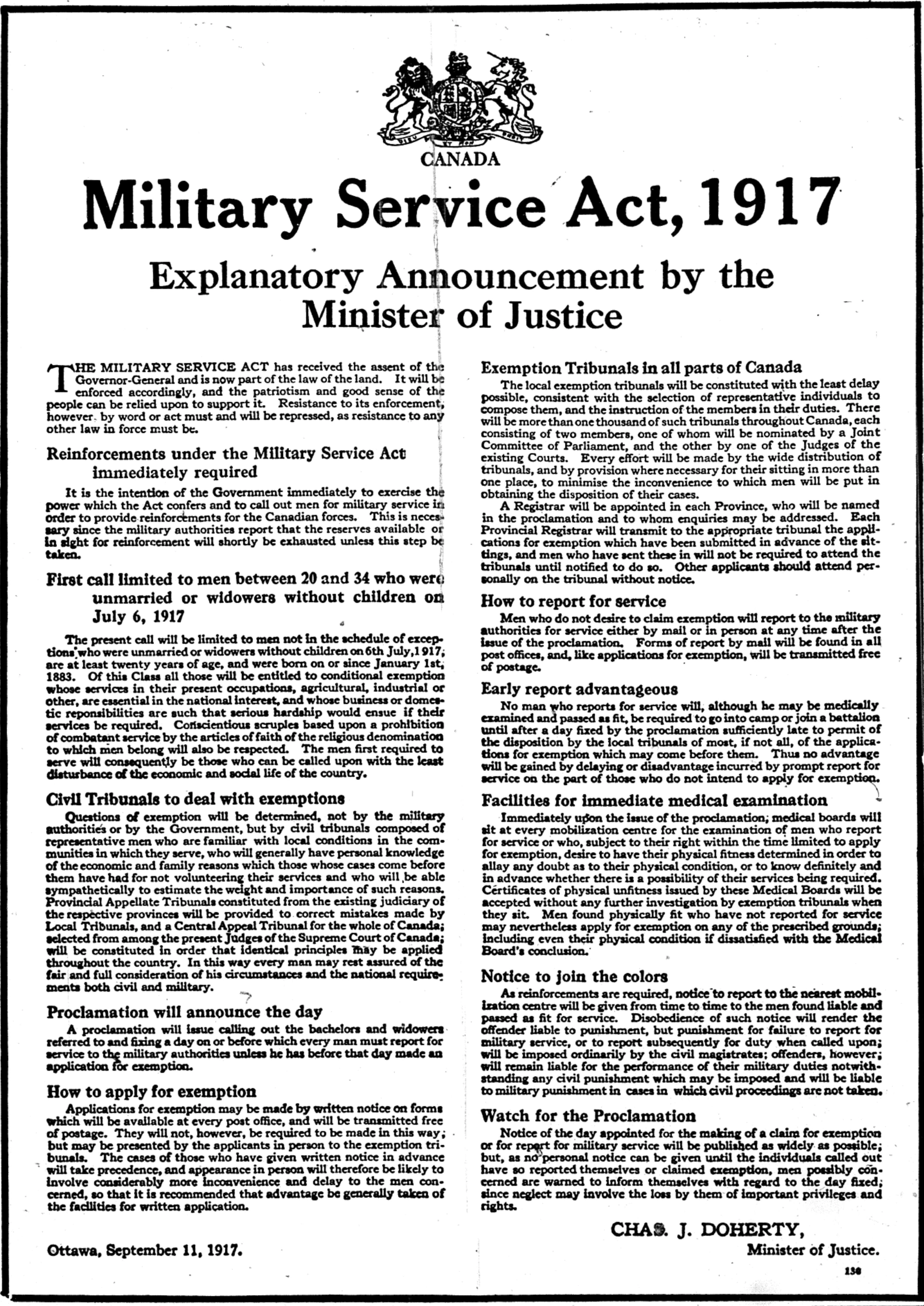 Historical document titled 'Military Service Act, 1917' from Canada, issued by the Minister of Justice with official crest at the top, containing legal and procedural information about military service exemptions, tribunals, and application procedure