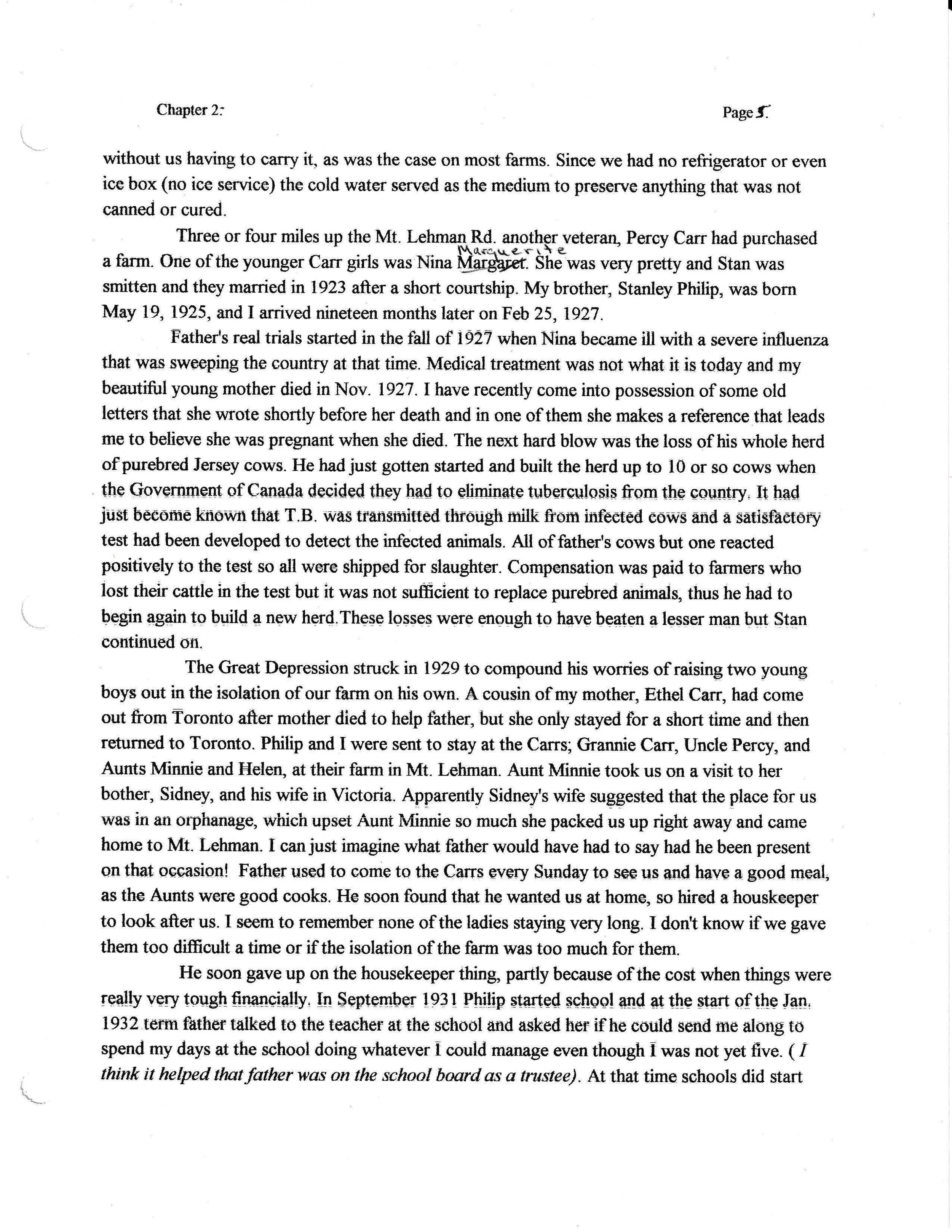A scanned handwritten handwritten letter or diary page discussing family history and farm life in the early 20th century, mentioning several family members, farm animals, and historical events like the Great Depression.