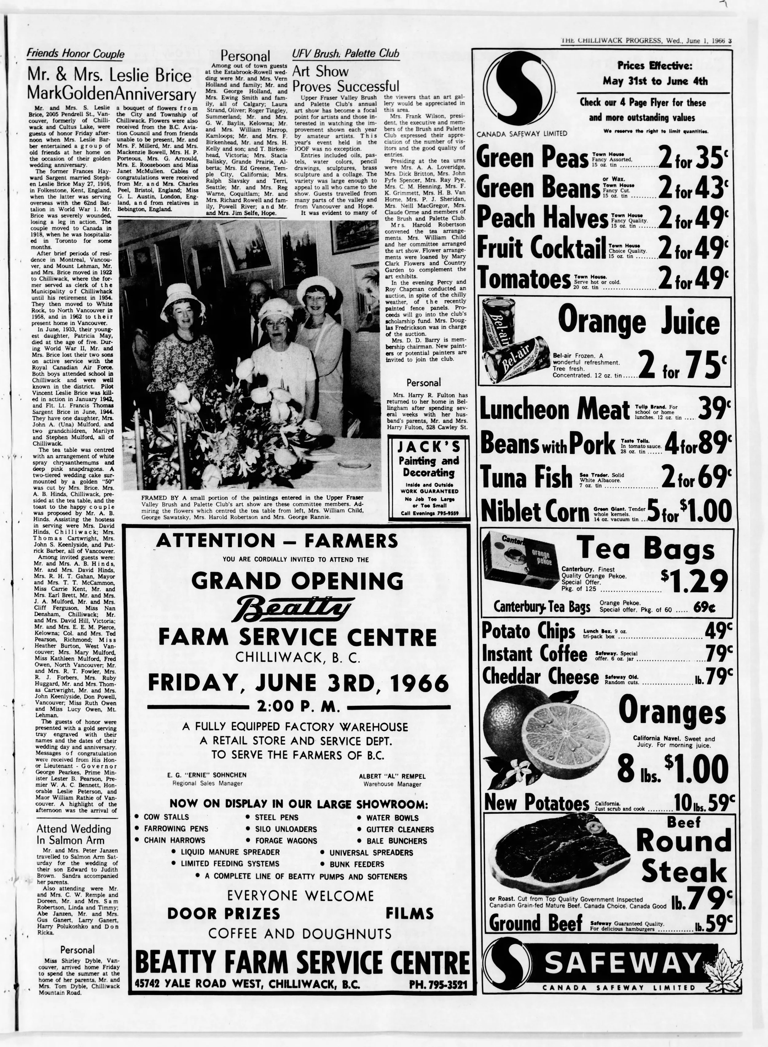 Black and white newspaper page with multiple articles, advertisements, and a photo of five women wearing hats at a social event. The page includes advertisements for fresh produce, meat, and a grand opening event for Beattie Farm Service Centre in Ch