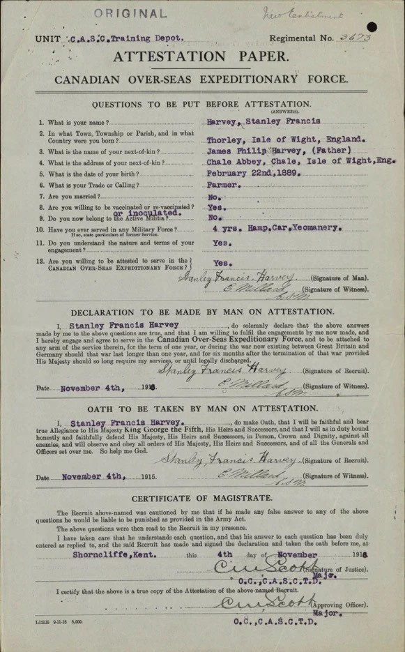 Attestation paper for Canadian Over-Seas Expeditionary Force, dated November 4th, 1915, signed by Stanley Francis Harvey, with questions about personal details and service commitments, and official stamps and signatures.