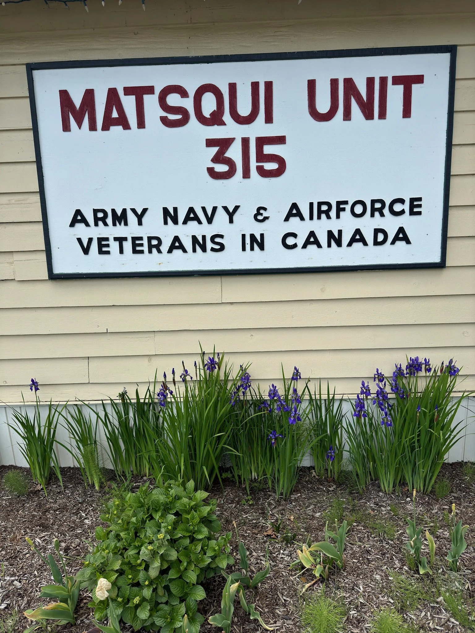 A sign on the side of a building reads 'Matsqui Unit 315 Army Navy & Air Force Veterans in Canada.' Below the sign, there are purple flowers and green plants in a garden bed.