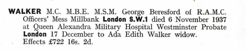 Historical newspaper death announcement for George Beresford Walker, who died on November 6, 1937, at Queen Alexandra Military Hospital, with funeral details and estate value listed.