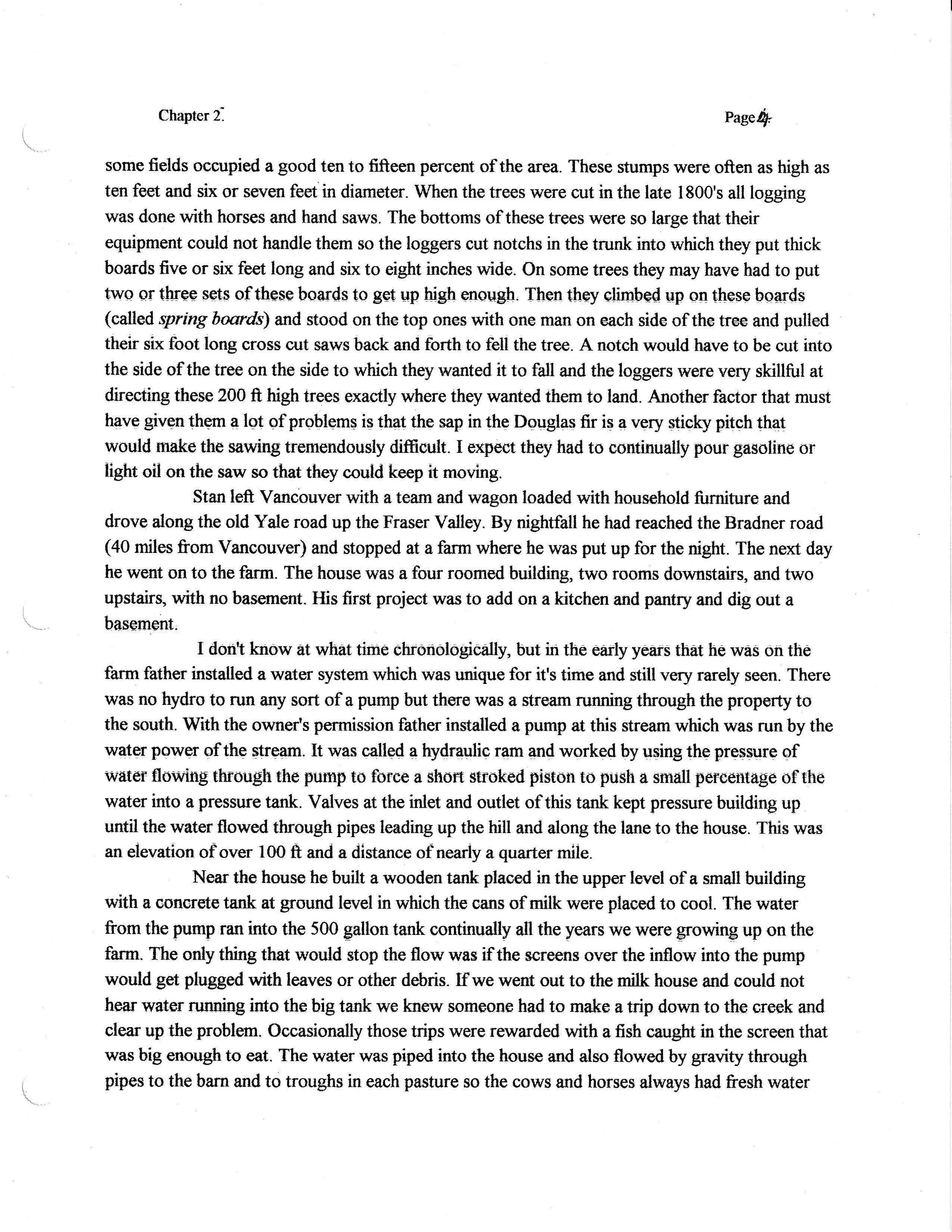 A scanned page from a book or document, labeled 'Chapter 2', filled with text about logging, home construction, and water systems.