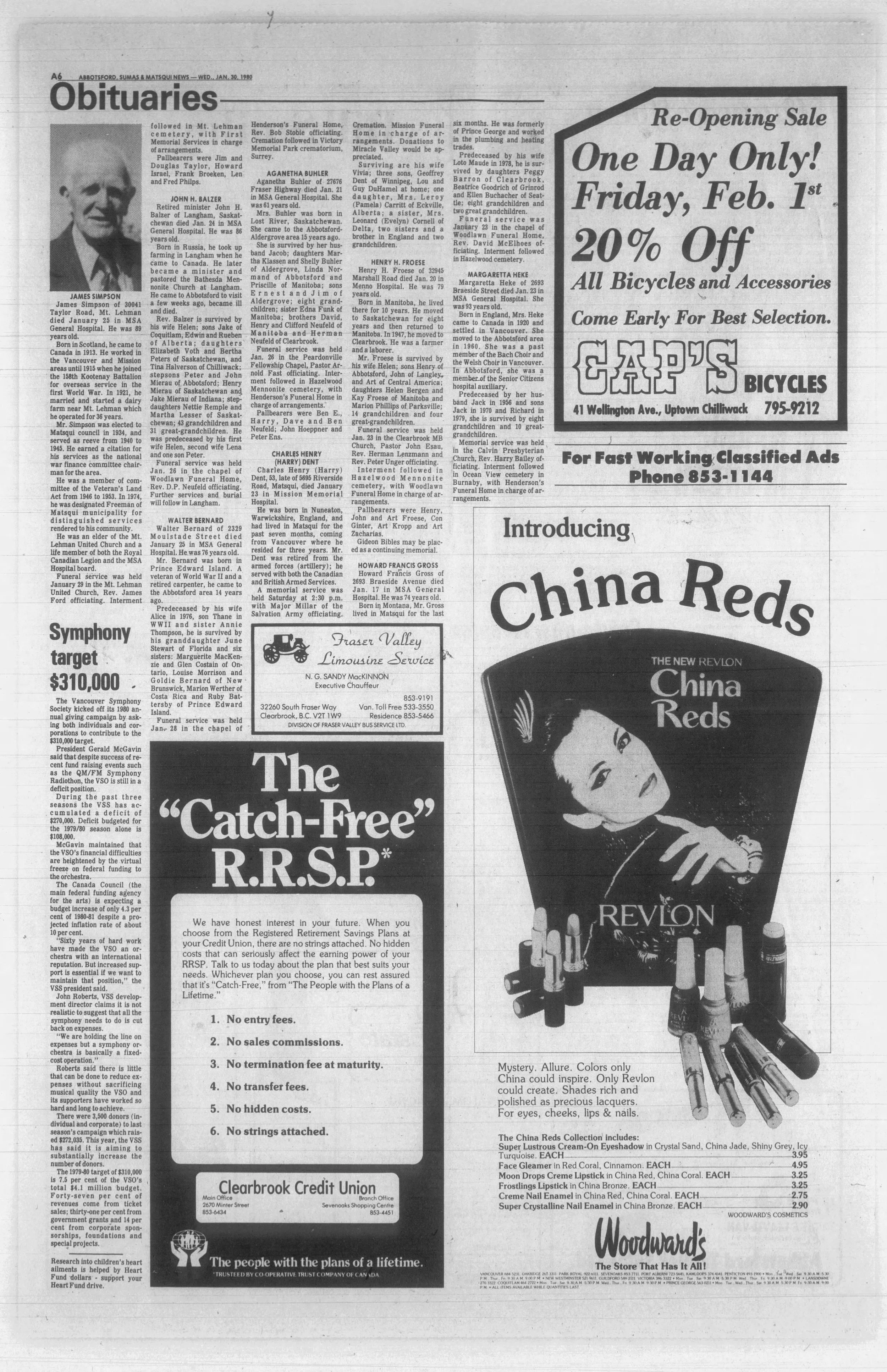 Black and white newspaper page with obituaries, an advertisement for a China Reds cosmetic collection featuring a woman with makeup and nail polish, and text about a sale and product prices.