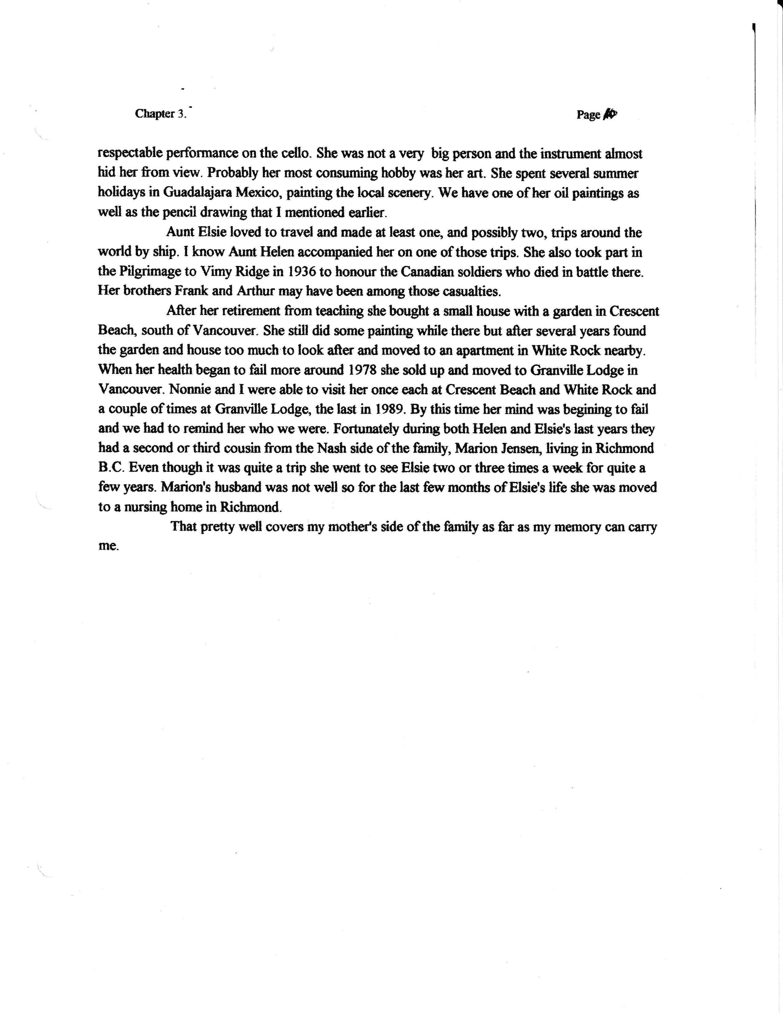 A scanned page from a book or document with text about various topics, including art, travel, military service, retirement, and family memories.