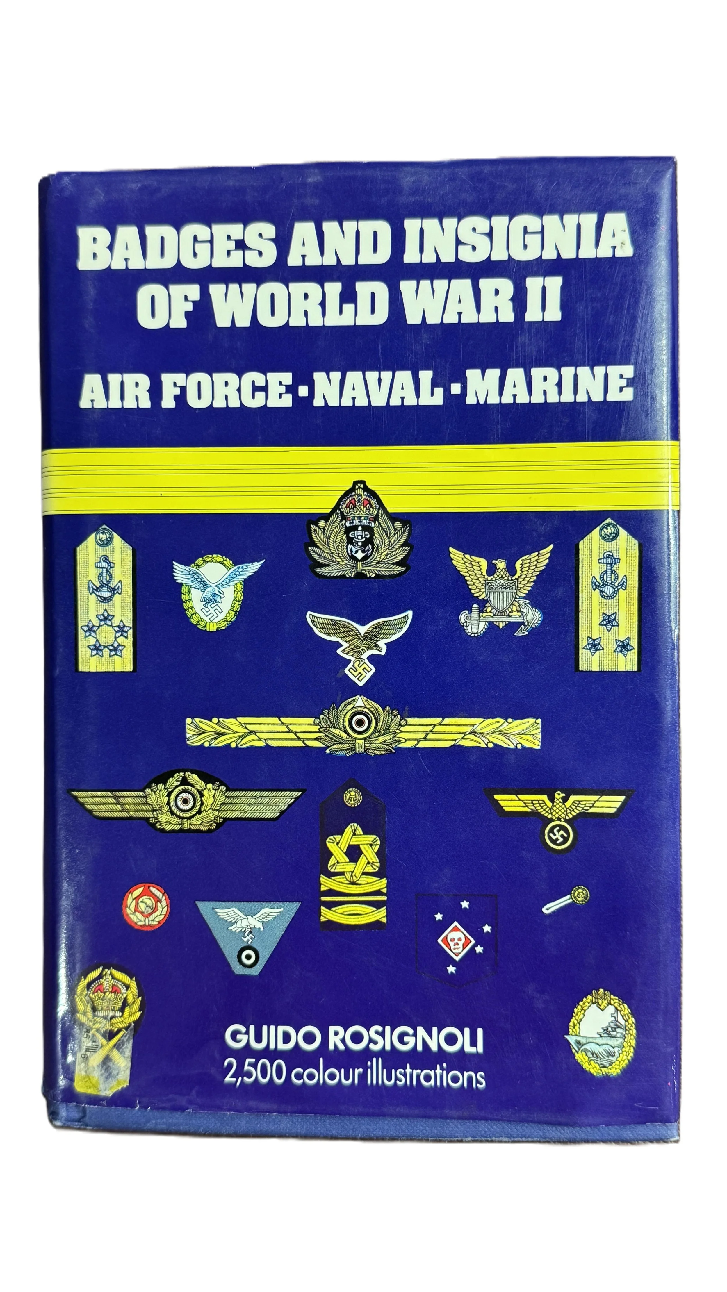 A book titled 'Badges and Insignia of World War II, Air Force, Naval, Marine' by Guido Rosignoli with illustrations of various military badges and insignia on the cover.