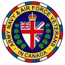Emblem of the Army Navy & Air Force Veterans in Canada featuring a shield with a Union Jack, a crown, and green leaves, surrounded by a yellow and blue border.