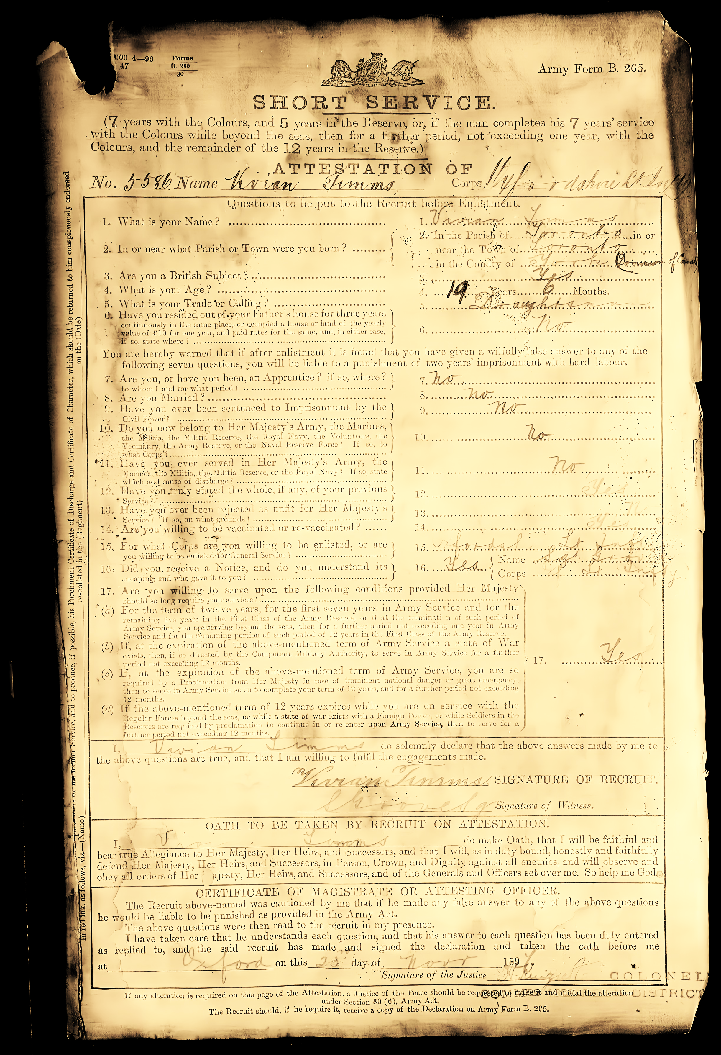 A historical, aged army enlistment form with handwritten details, including name, age, and military service questions.