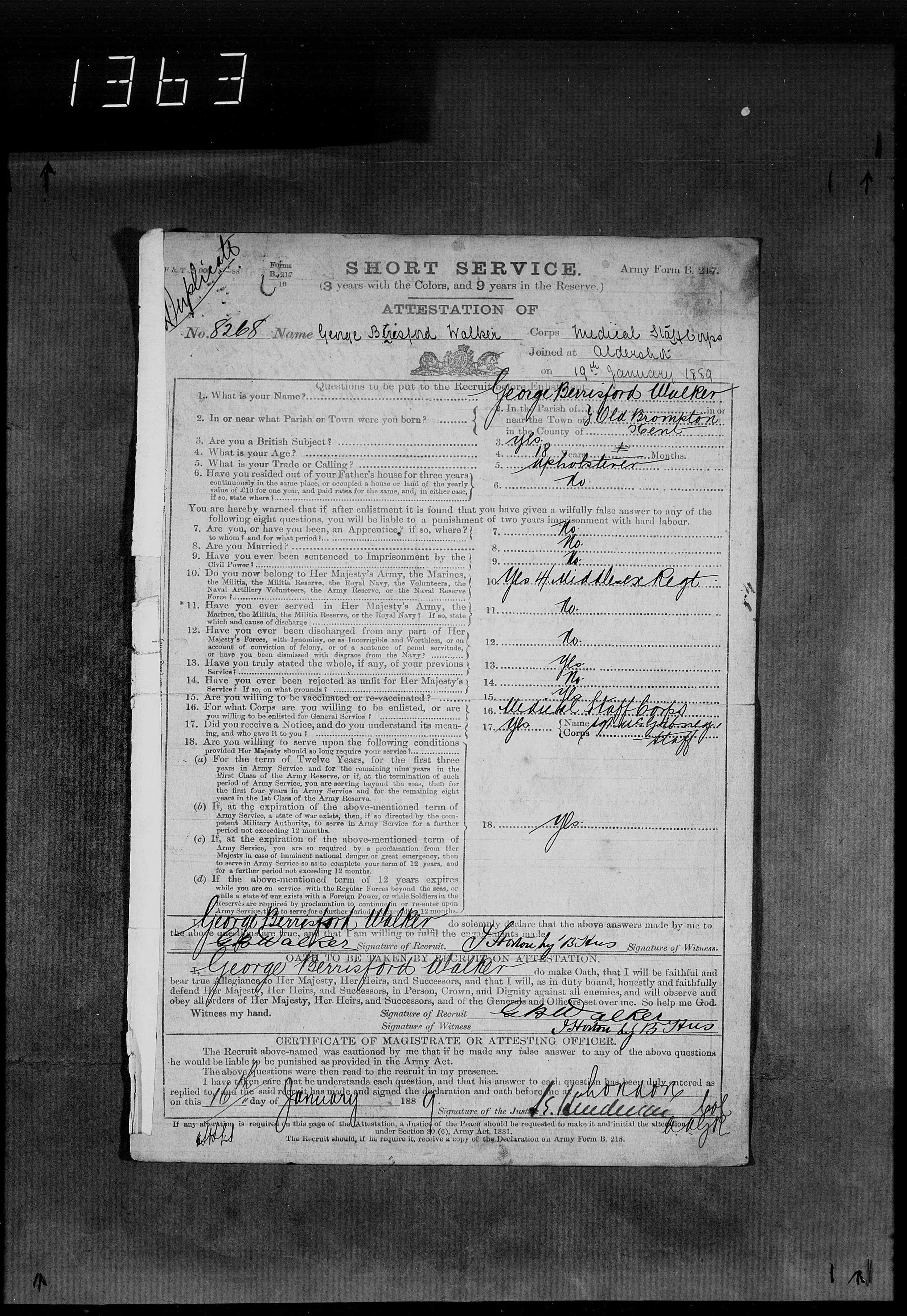 Historical military service form with handwritten answers, number 1363 at the top, dated January 19, 1880, for Genevieve Beiserd Walbert, includes personal and military details, signatures, and official seals.