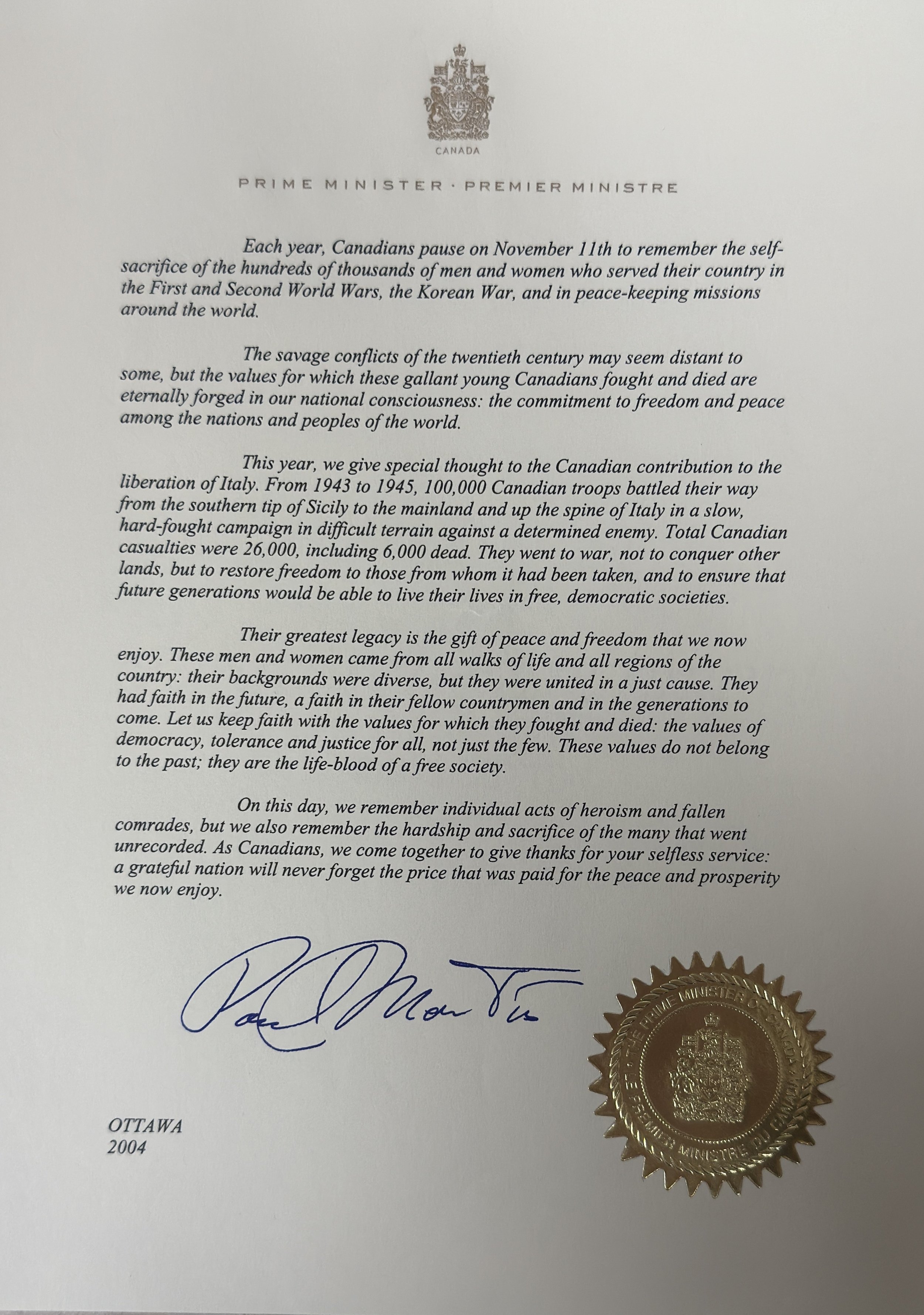 Official Canadian letter from the Prime Minister, featuring a Canadian coat of arms at the top, a handwritten signature, and a gold embossed seal at the bottom right.