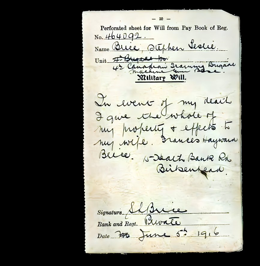 Handwritten military will form on perforated paper, with printed sections labeled for name, unit, and signature, signed by S. S. Bruce on June 5, 1916, and includes information about ownership and an apology for the loss of property.