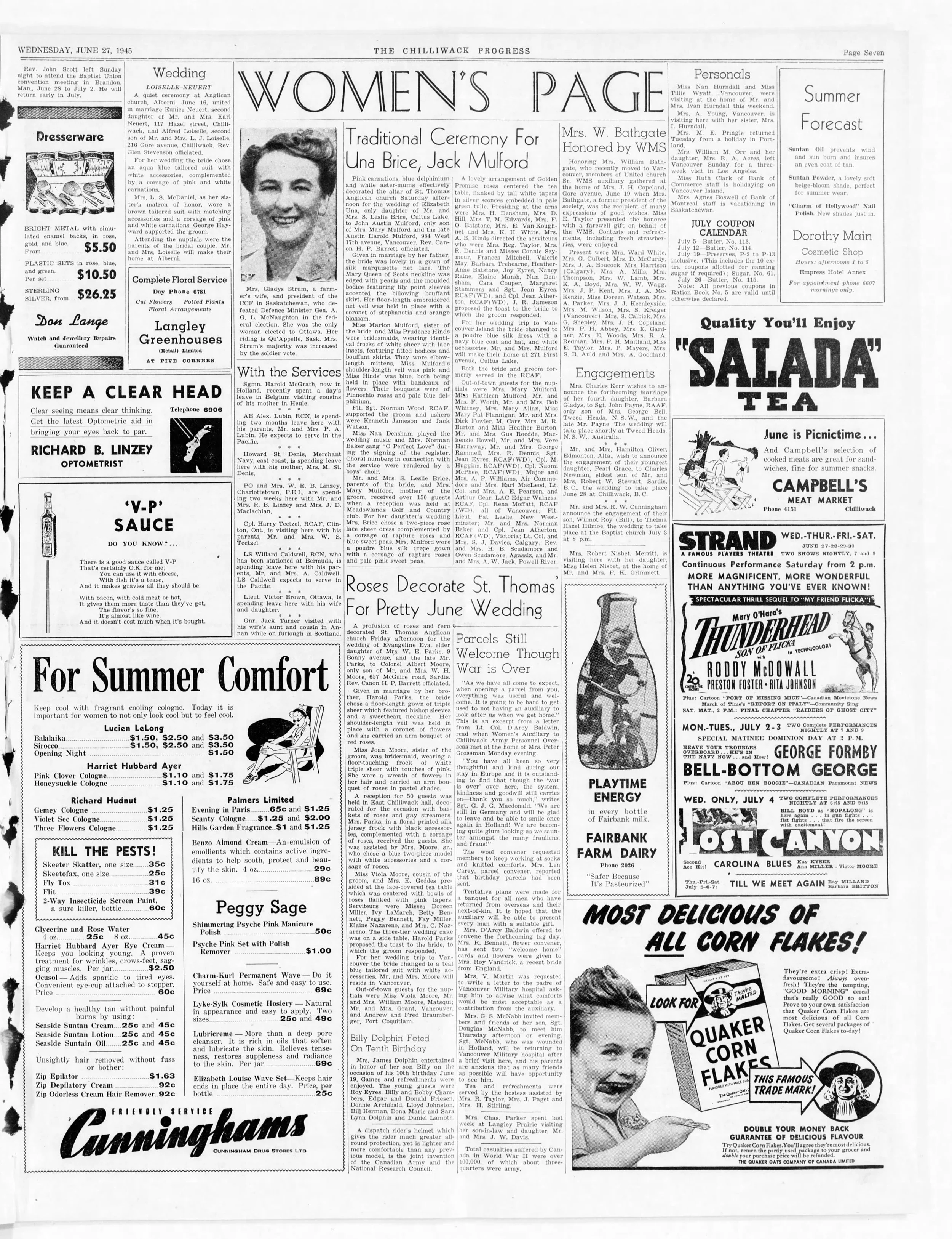 Historical newspaper page titled 'The Chilliwack Progress' from June 27, 1945, featuring articles, advertisements, and images, including a prominent advertisement for Quaker Corn Flakes with a smiling child.